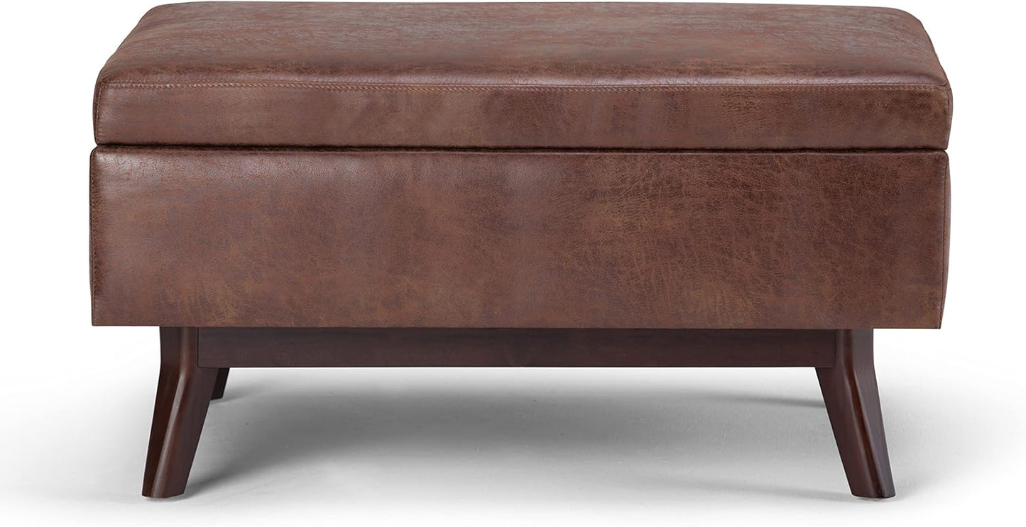 SIMPLIHOME Owen 34 inch Wide Mid Century Modern Rectangle Coffee Table Storage Ottoman in Distressed Saddle Brown Vegan Faux Leather, Assembled, For the Living Room, Entryway and Family Room