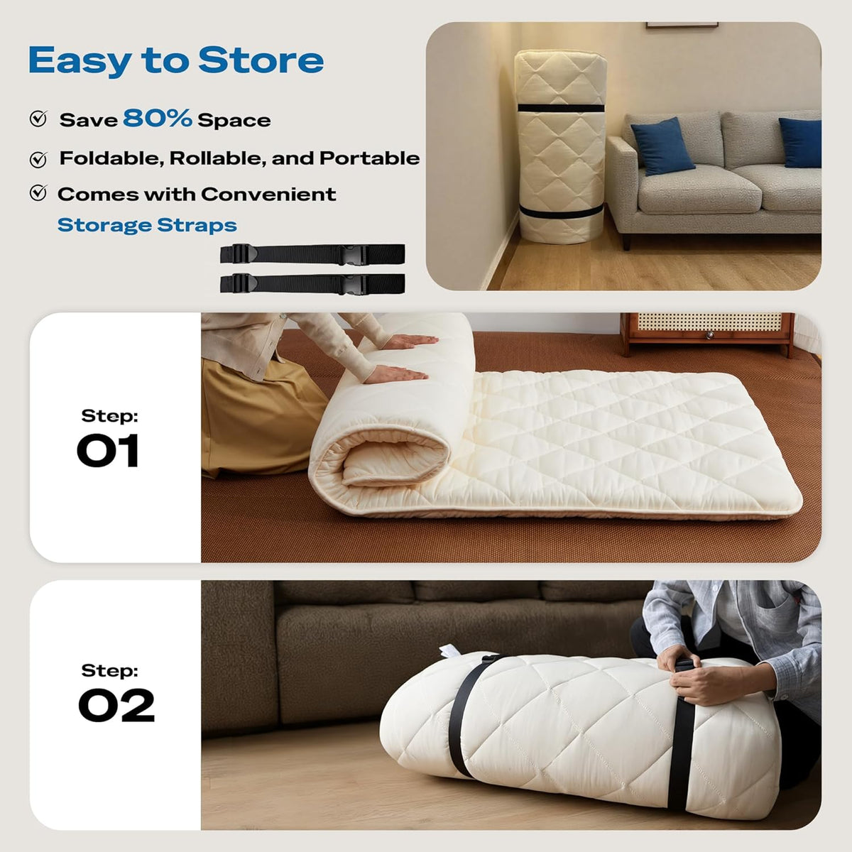 Japanese Floor Mattress, Roll Up Tatami Mat, Sleeping Pad, Shikibuton, CertiPUR-US Certified Foam Floor Bed Futon Mattress for Sleeping, Dormitory, Guest Bed, Designed in Japan(Queen)