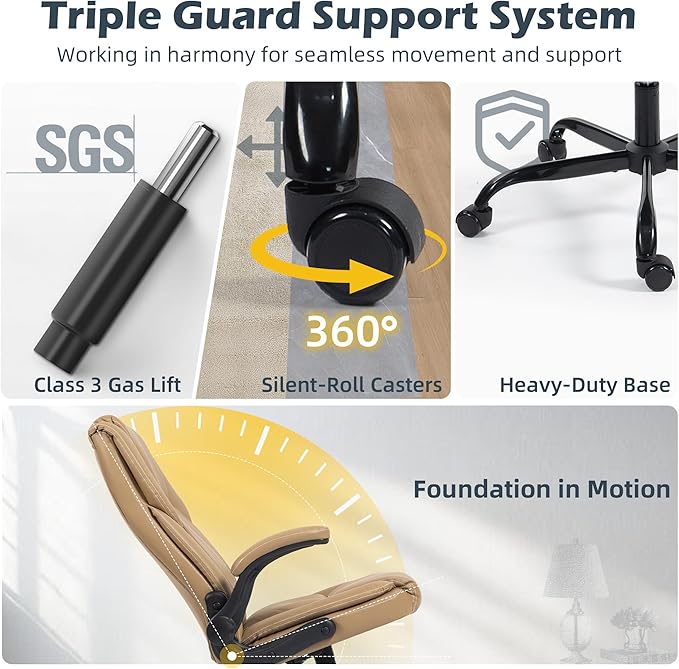 Office Chair - Executive Leather High Back Office Desk Chair with Rocking Function - Ergonomic Breathable Comfortable Wide Swivel Rolling Gaming Computer Chair with Flip-up Armrests & Lumbar Support