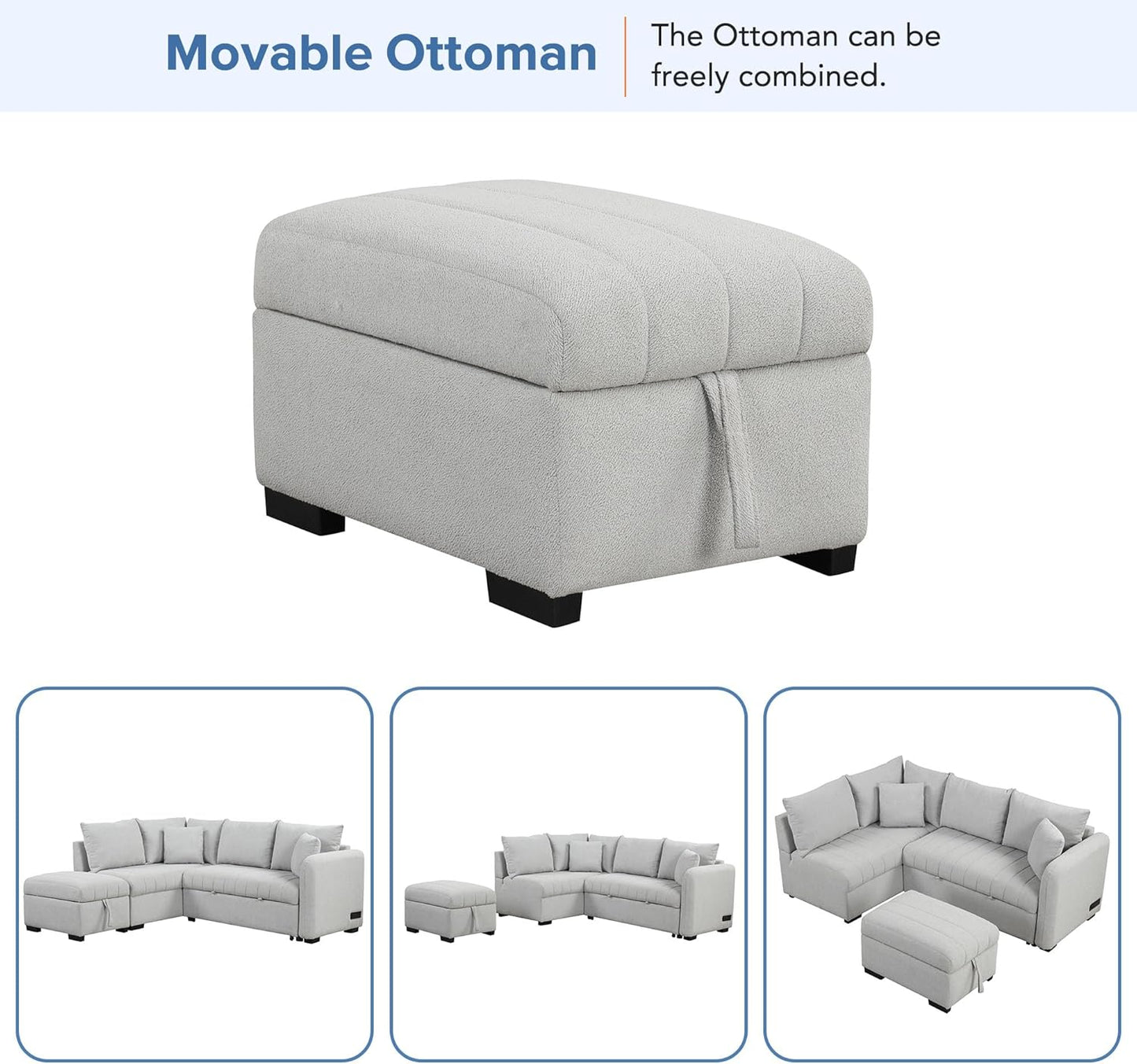 Ball & Cast L-Shaped Sectional Pull Out Sofa with Two USB Ports,4-Seater Convertible Couch w/Power Sockets and Movable Storage Ottoman,for Living Room,Apartment,Grey