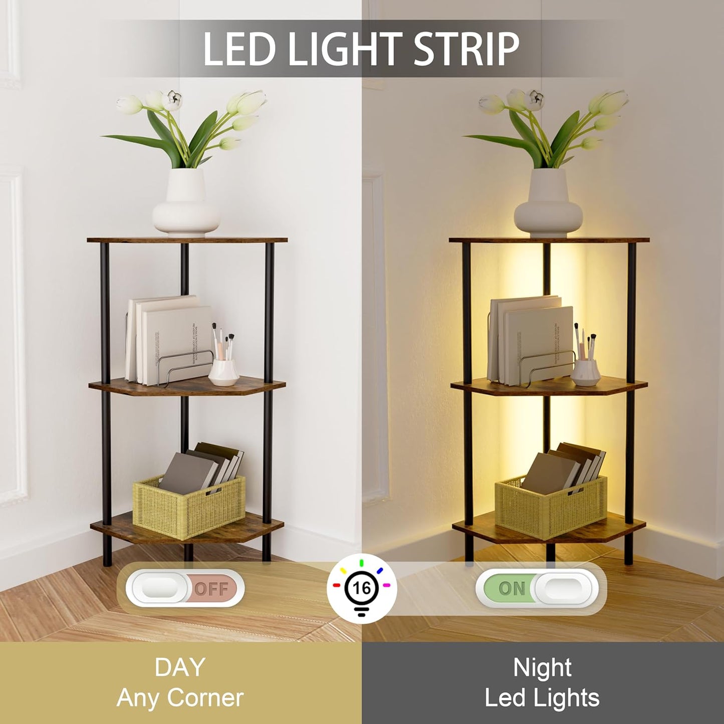 Corner Shelf Stand, Storage Standing Shelf Unit with Metal Frame, Narrow Bookshelf with LED Light Brown Plant Display Stand, Multi Unit Organizer Corner Cabinet for Bedroom, Living Room (3 Tier)