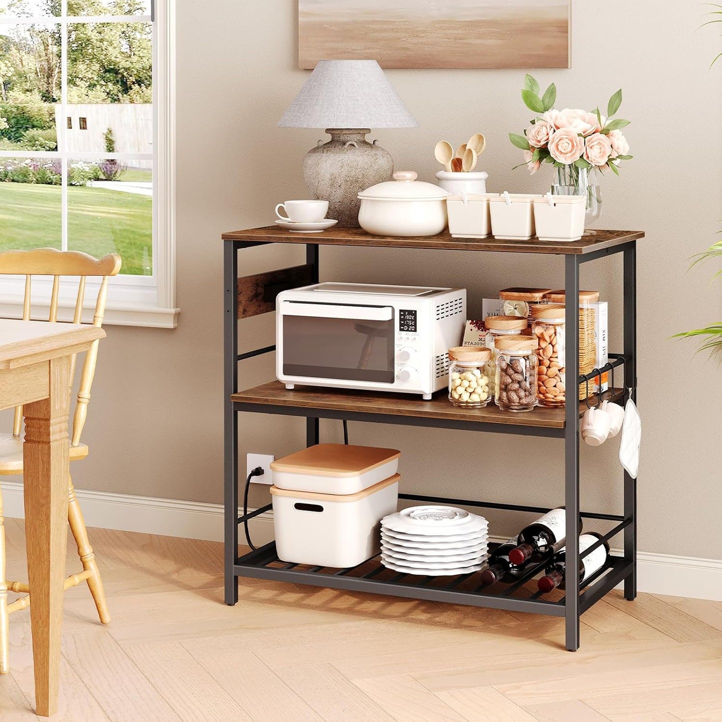 HOOBRO Kitchen Island with Storage, Kitchen Island Table with Power Outlet, 47.2" L 3 Tier Coffee Station and Microwave Stand, for Home, Kitchen and Dining Room, Rustic Brown and Black BF120UZD01