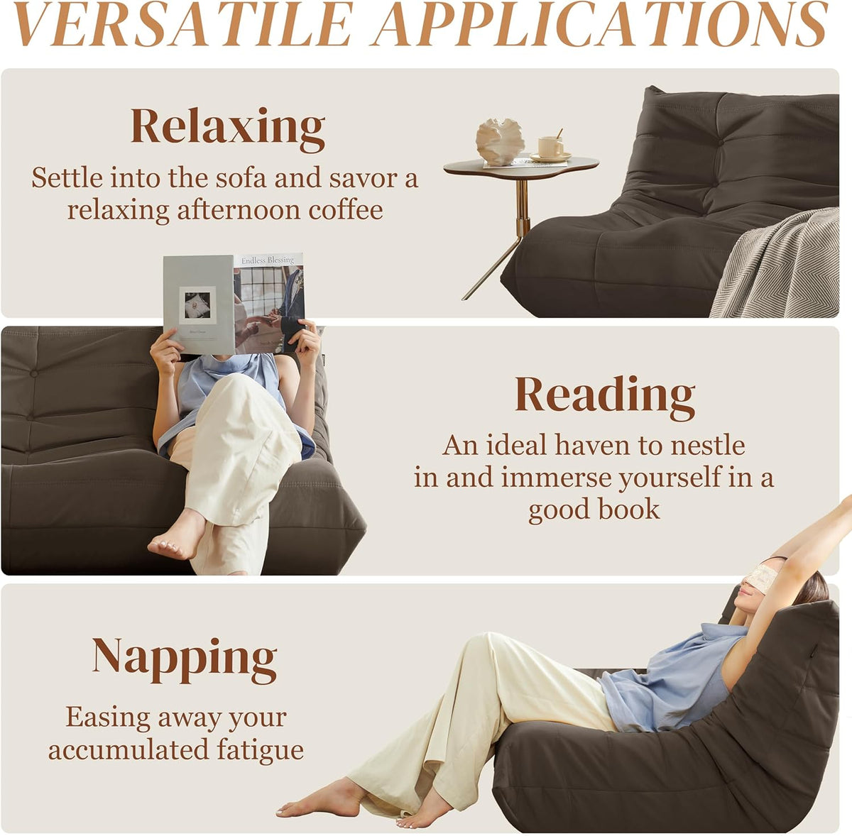 Bean Bag Chair, Loveseat Fireside Chair Bean Bag Sofa for Adults, 2 Seater Bean Bag Chairs for Teens with High-Resilience Foam, Memory Foam Bean Bag for Living Room, Bedroom, Office (Suede, Coffee)