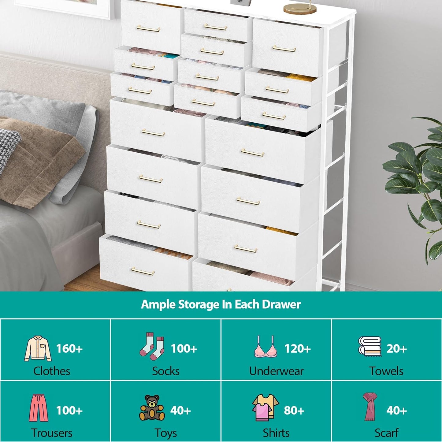 Large Dresser for Bedroom with 18 Drawers, Tall Fabric Storage Cabinet, Chest of Drawers for Closet, Nursery, Bedside, Living Room, Entryway, Hallway (White)