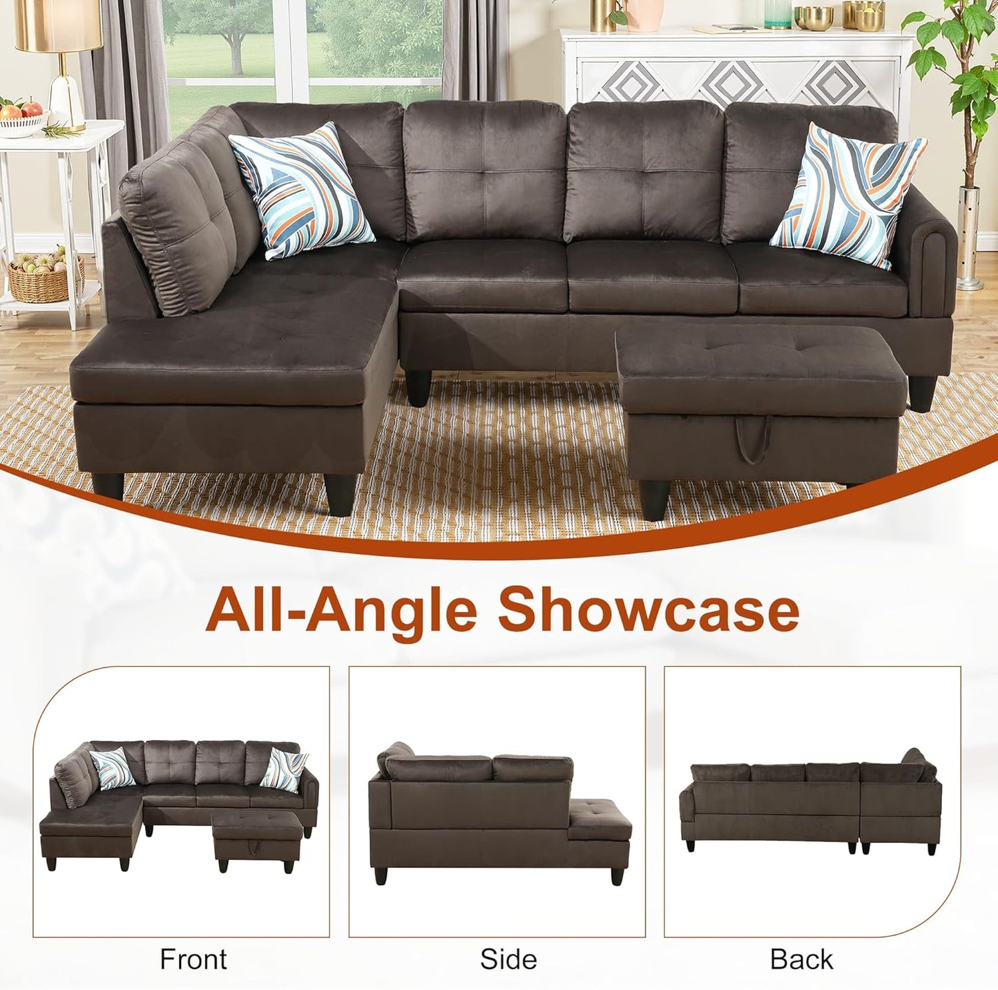 Osparple L Shaped Couch Sectional Couches for Living Room Upholstered Flannel 3 Pieces Modular Sectional Sofa with Chaise, Ottoman with Storage for Living Room and Small Apartment, Dark Brown