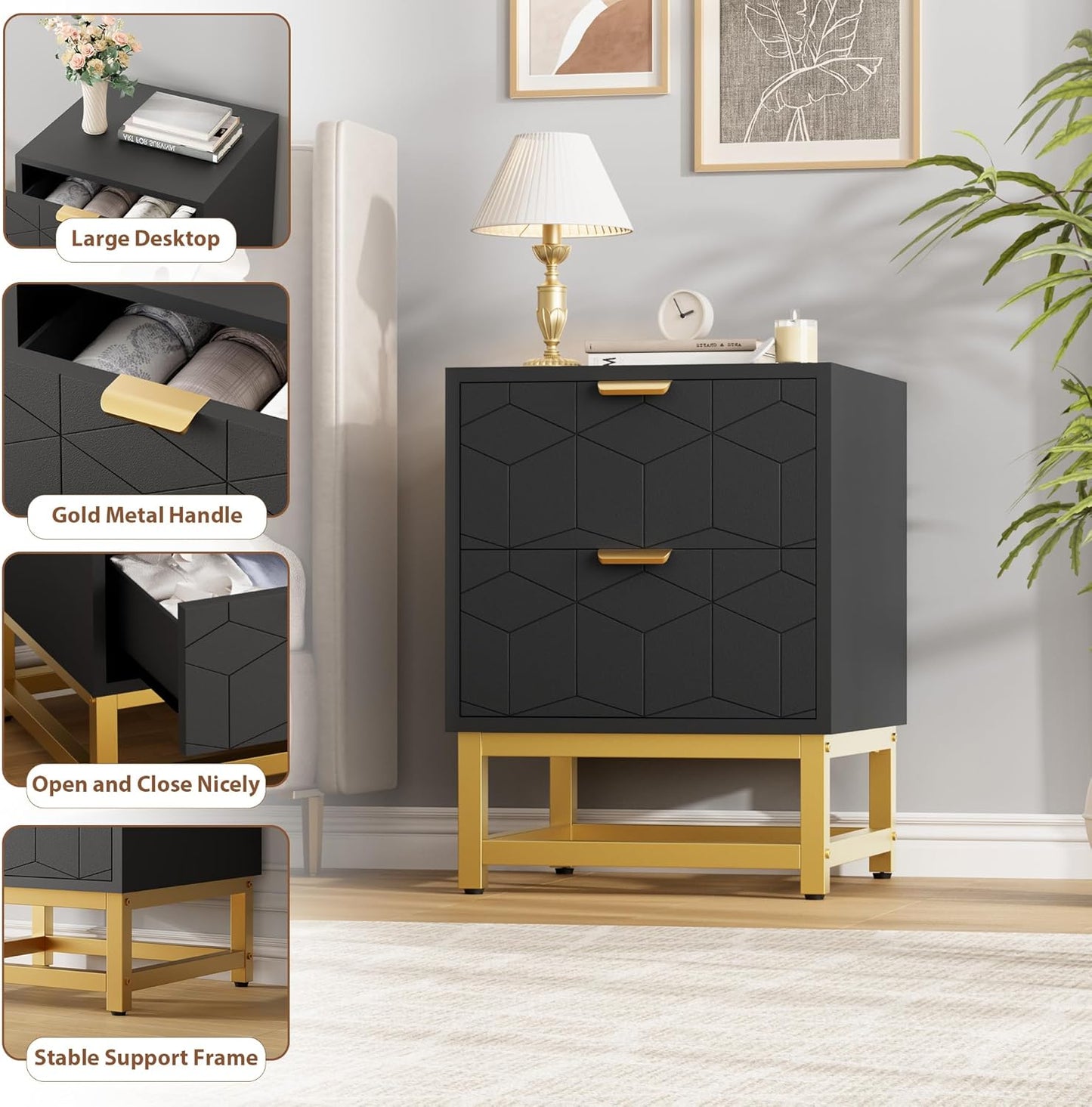 GAOMON Black 2 Drawer Dresser, Small Dresser&Chest of Drawers, Modern Nightstand for Bedroom, End Table with Drawer for Living Room, Hallway, Entryway