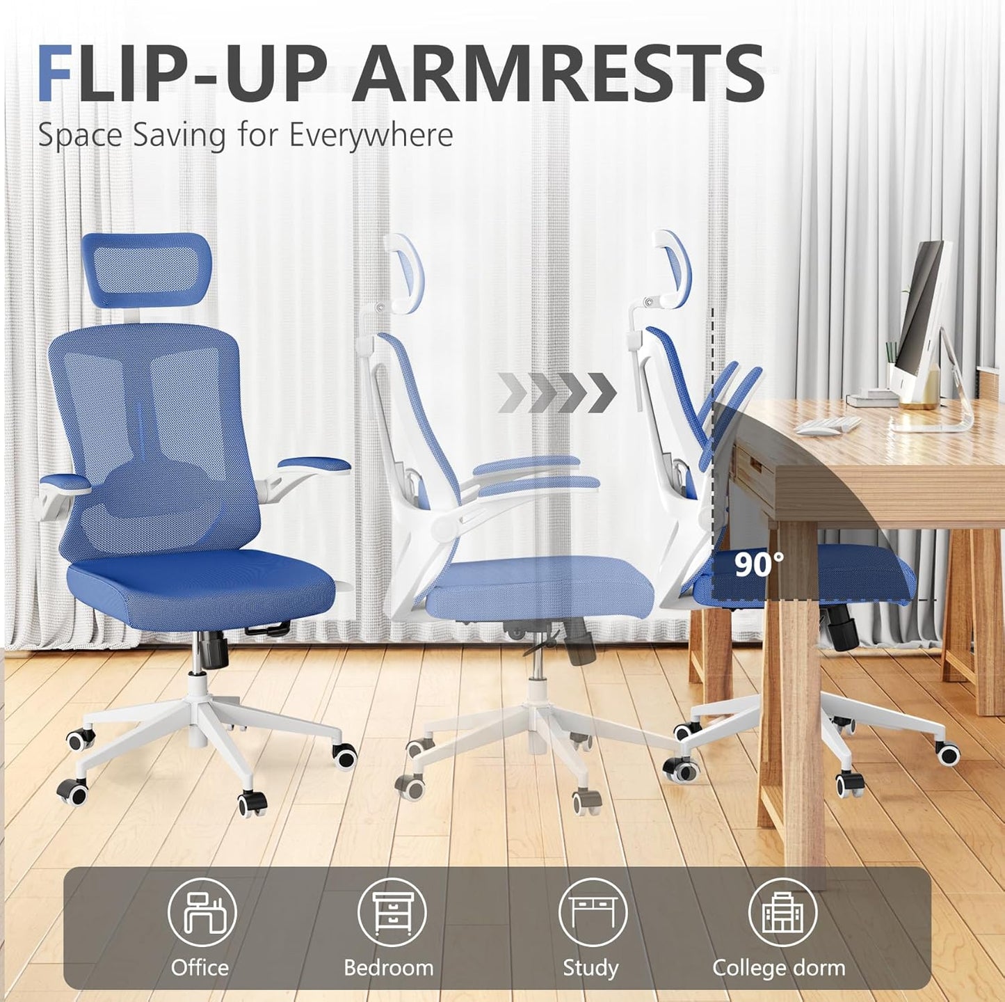 Office Chair,Ergonomic Comfy Home Desk Chair with 350LBS Capacity,High Back Gaming Chair with Wheels,Mesh Computer Chair,Lumbar Support, Adjustable Headrest,Flip-up Armrest