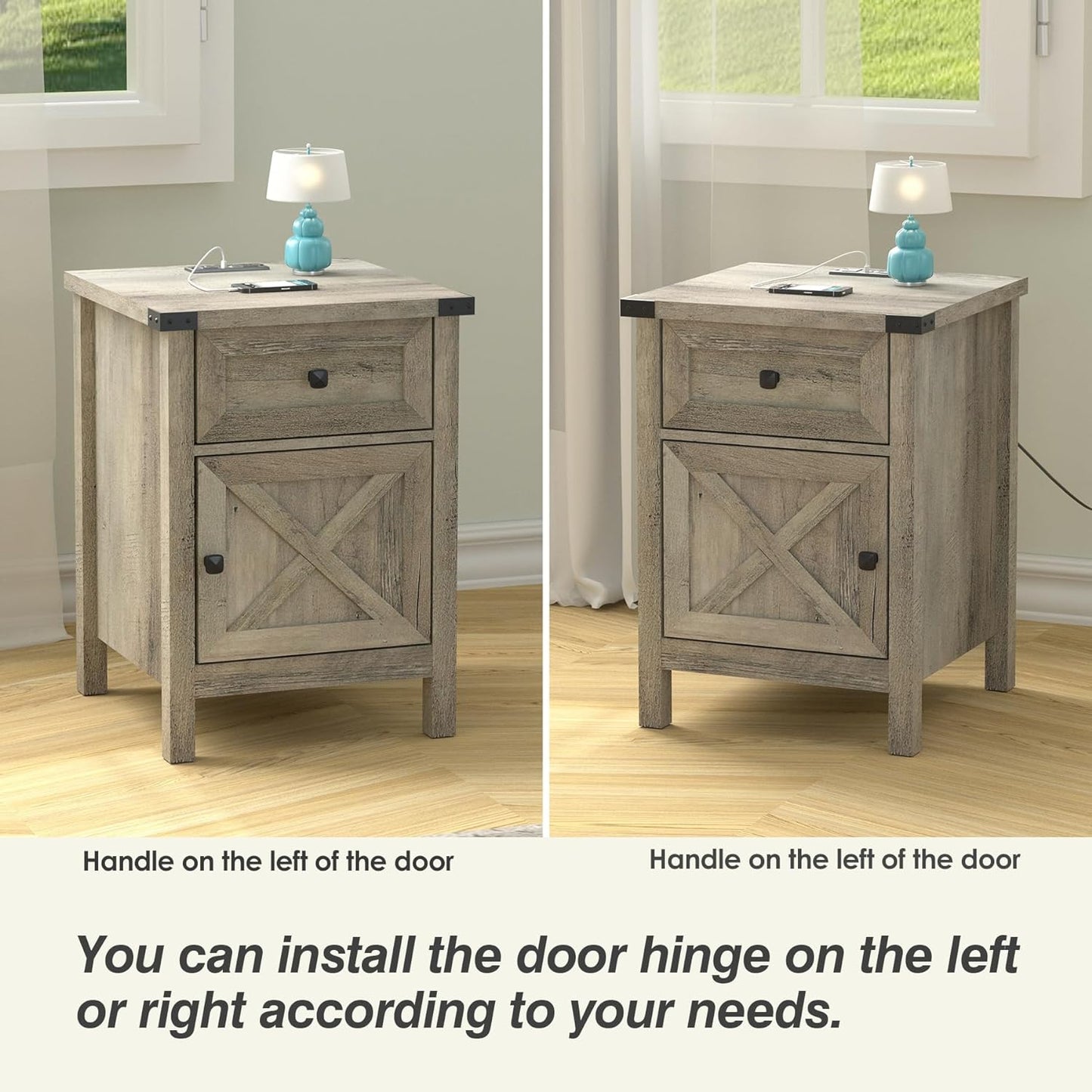 Rustic Nightstand with Charging Station, Night Stand with Barn Door and Drawer, Storage Bedroom Living Room Bedside Table Farmhouse End Table Industrial Bedside Table with USB Ports and Outlets,Grey