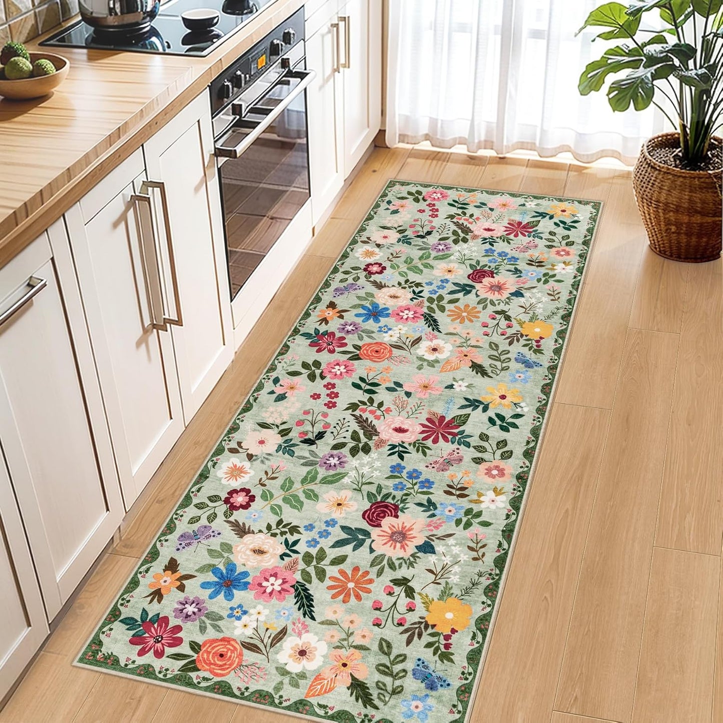 Runner Rug for Entryway: 2x10 Kitchen Rugs Non Slip Washable Ultra-Thin Soft Floral Carpet Indoor Floor Stain Resistant Carpets for Hallway Bedroom Kitchen Laundry Bathroom Dorm Green