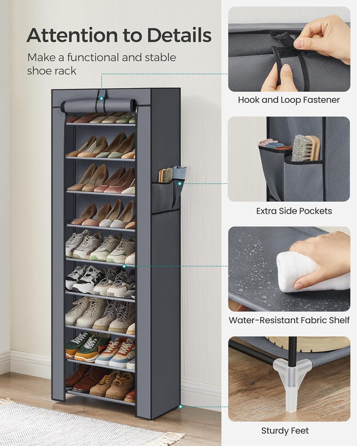 SONGMICS Shoe Rack with Non-Woven Fabric Cover, 9 Tier Storage Shelf for 27-35 Pairs of Shoes, Entryway, Suitable for Sneakers, High Heels, Flats, and Boots, Grey URXJ10G