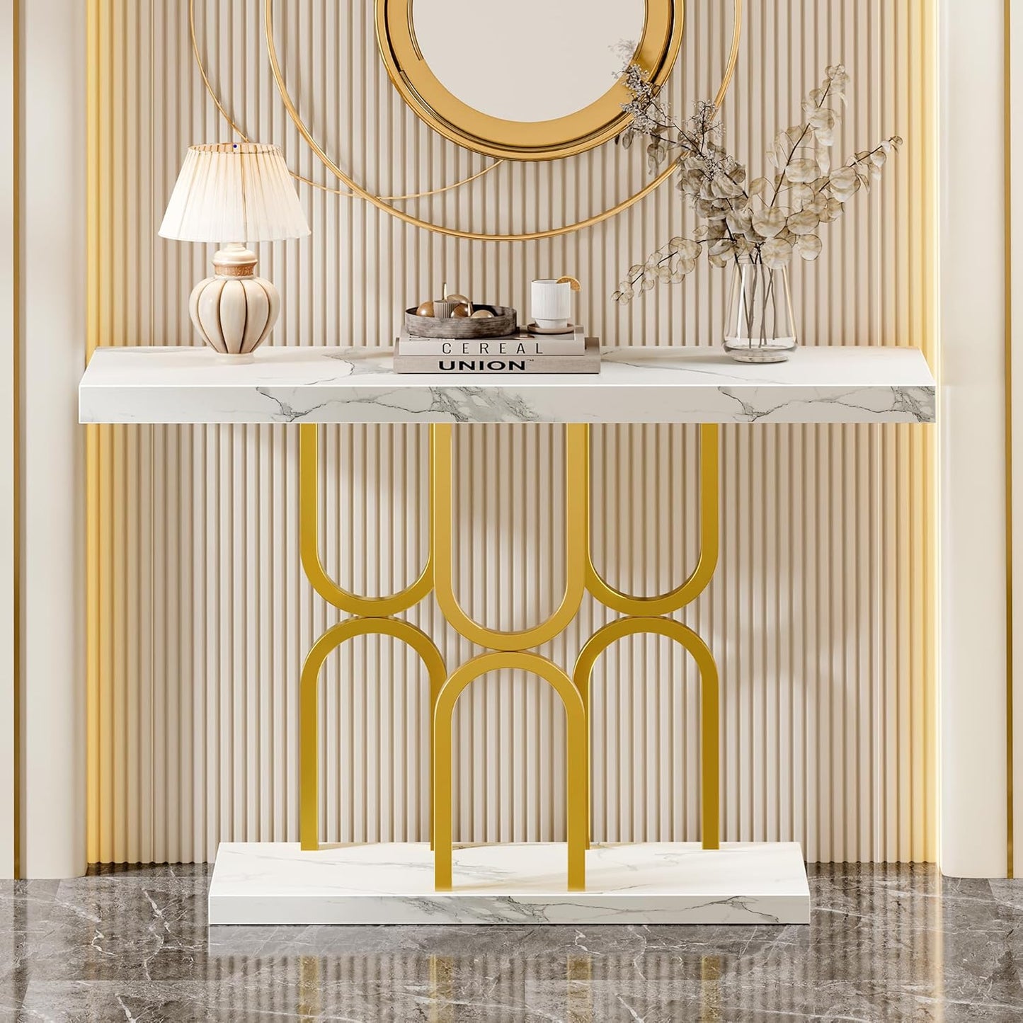 Huuger 47.2 Inch Entryway Table with Marble Top, Modern Console Sofa Table, Accent Table, for Entry, Hallway, Entrance, Foyer, U-Shaped Metal Base, White Marble & Gold