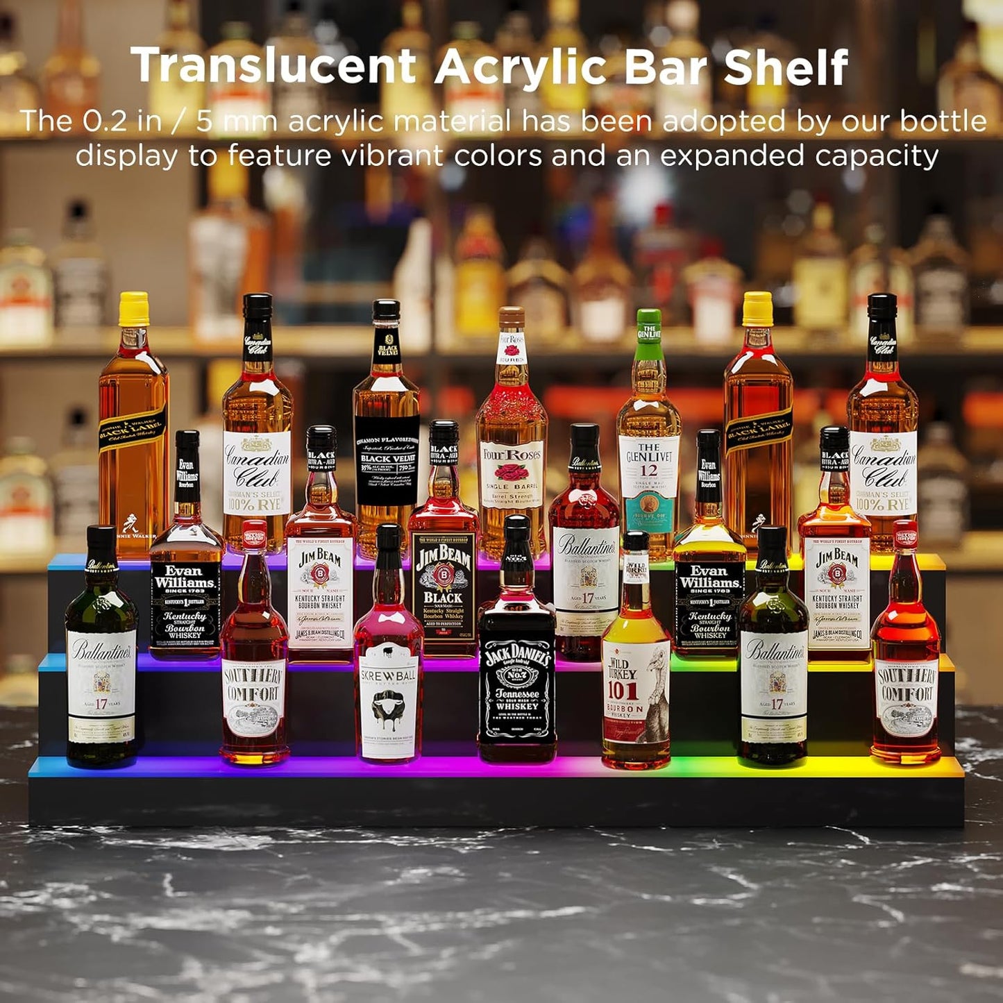 Dethan 3 Tier 40 Inch Liquor Bottle Display Shelf - Illuminated Wine Racks with Multi-Color App & Remote Control, Adjustable Brightness & Sound Modes, Acrylic Bar Shelves Displays