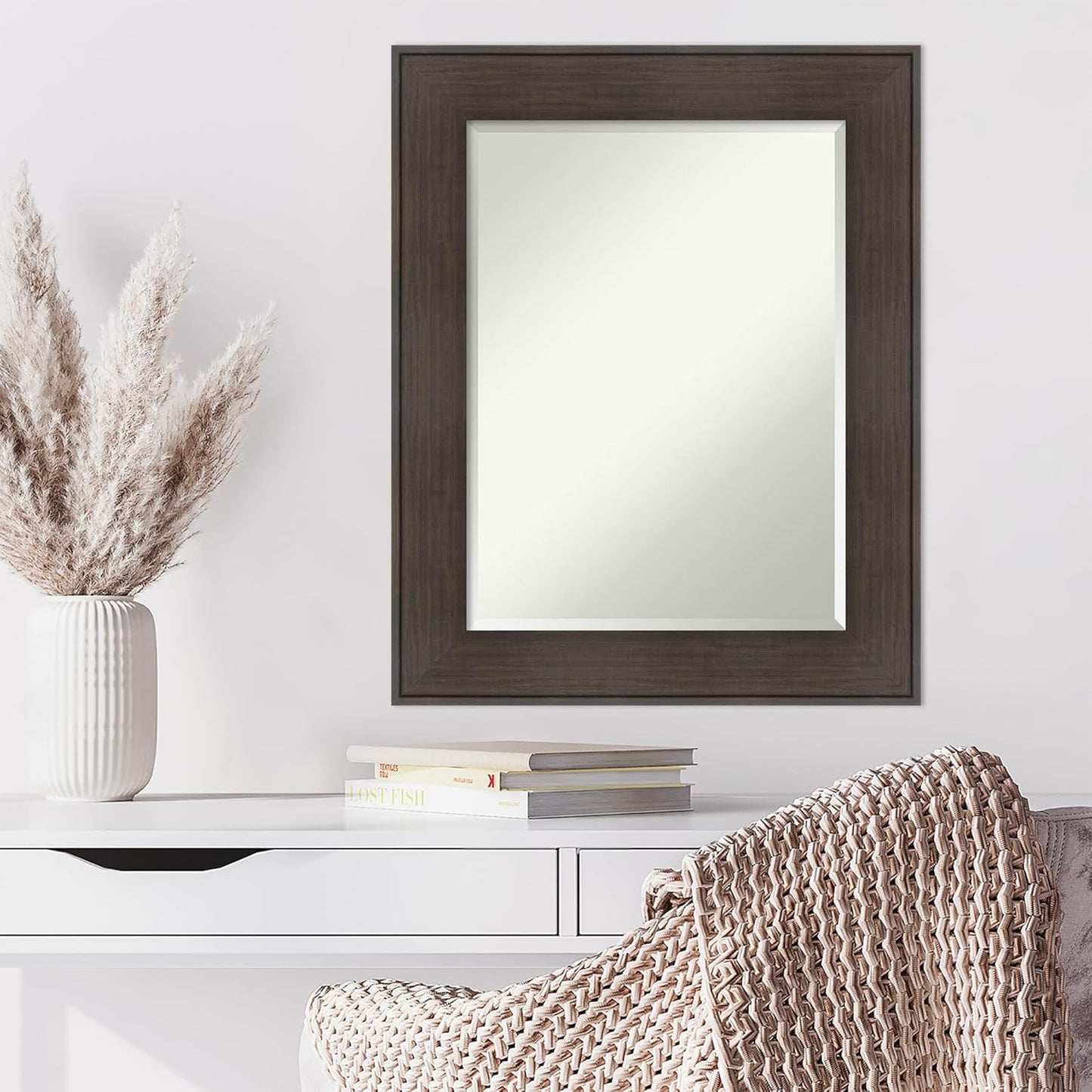 Amanti Art Brown Wall Mirror 30x24 William Rustic Woodgrain Rectangle Bathroom Mirror for Wall Decor Living Room, Medium Classic Frame, Hangs Horizonally and Vertically, Bathroom Decor, Beveled Edge