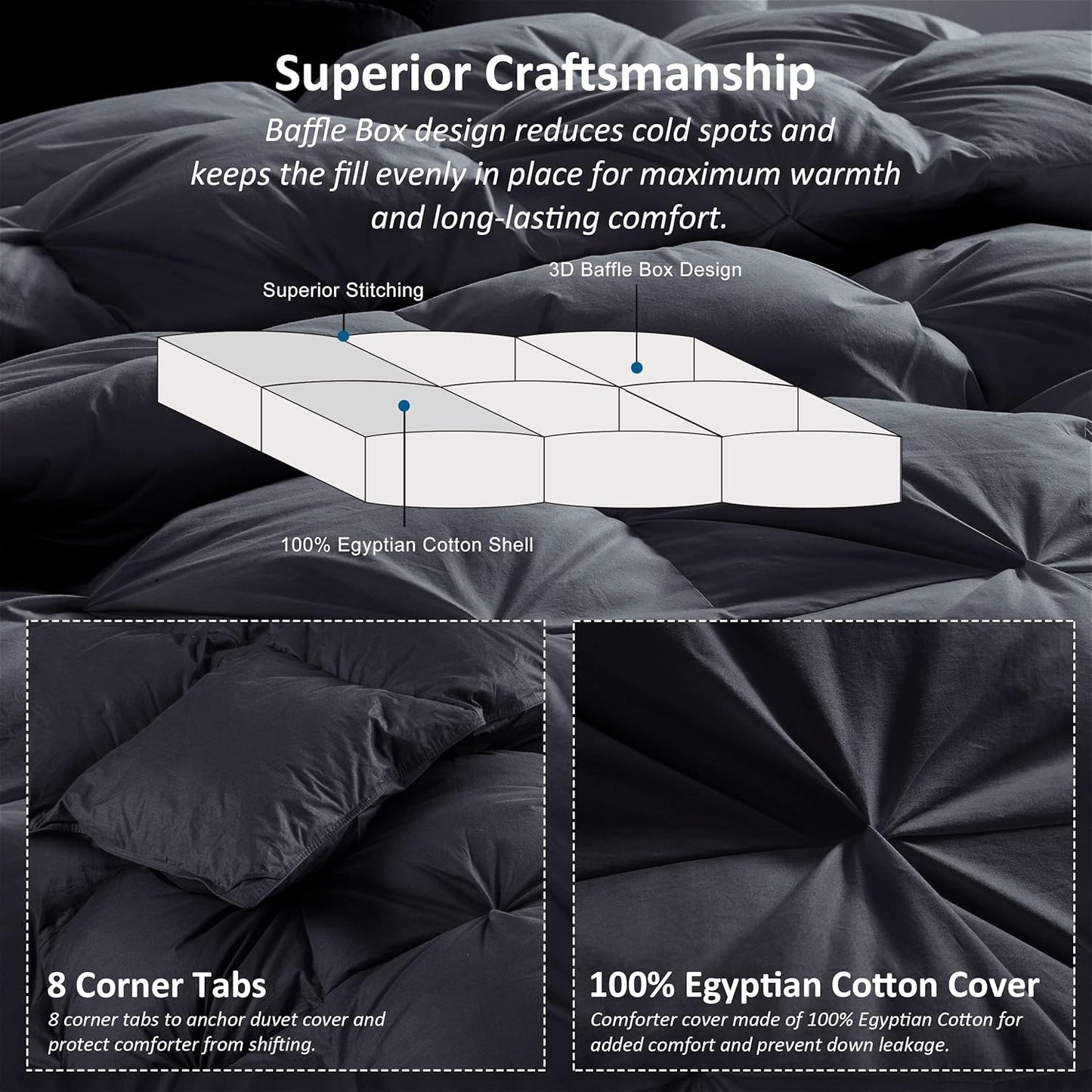 Luxurious All-Season Goose Down Feather Fiber Comforter Queen Size Duvet Insert, Exquisite Black Pinch Pleat Design, Premium Baffle Box, 100% Egyptian Cotton Cover, 65 oz. Fill Weight, Black