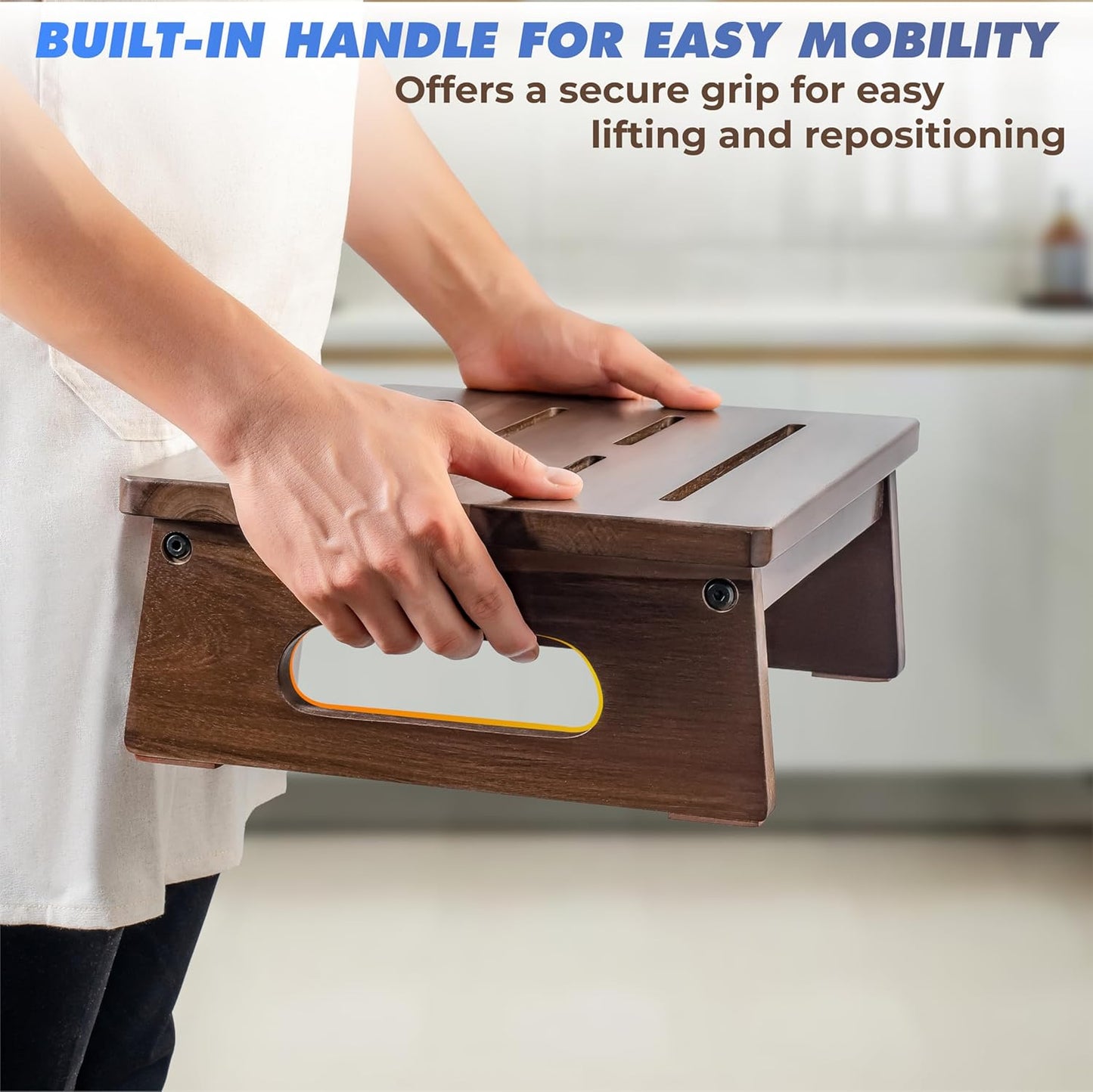 Wooden Step Stool, 5.3" One Step Stool for Adults with Built-in Handle, Supports up to 550lbs, Durable & Non-Slip Bedside Stool for Bedroom, Kitchen, Bathroom or High Beds