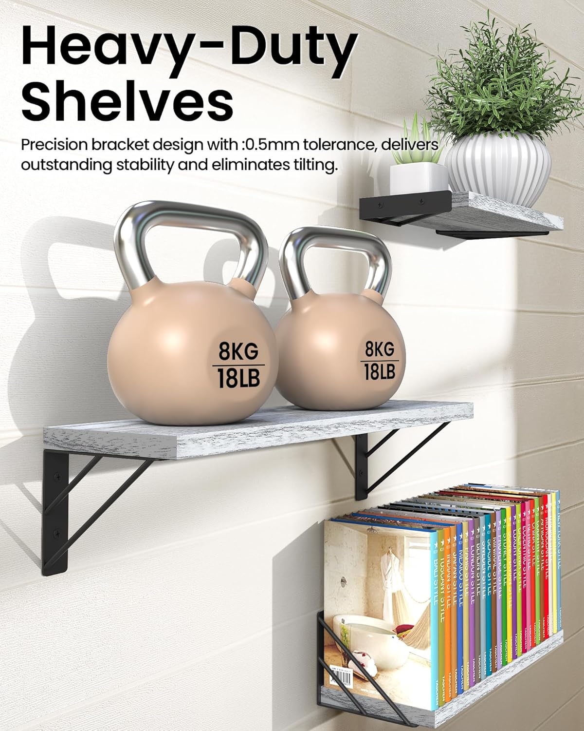 BAYKA Wall Shelves for Bedroom Decor, Floating Wall Shelves for Living Room Kitchen Storage, Wall Mounted Rustic Wood Floating Shelves for Kids Books,Corner Shelves for Bathroom(White,Set of 3)