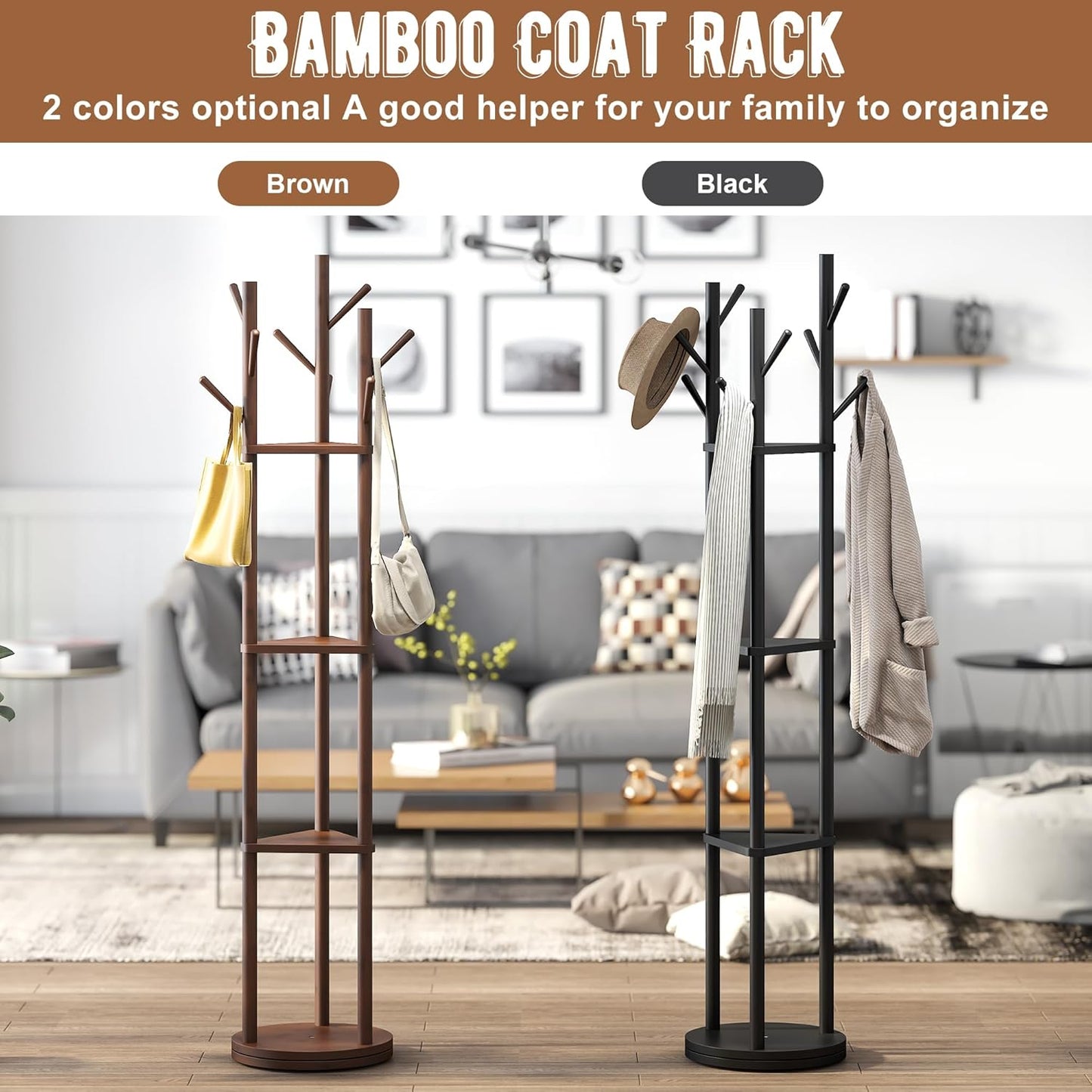 FILWH Bamboo Coat Rack Rotary Freestanding with Shelf Coat Tree Stand for Hallway Entryway with 9 Hooks and 3 Storage Shelves (Black)