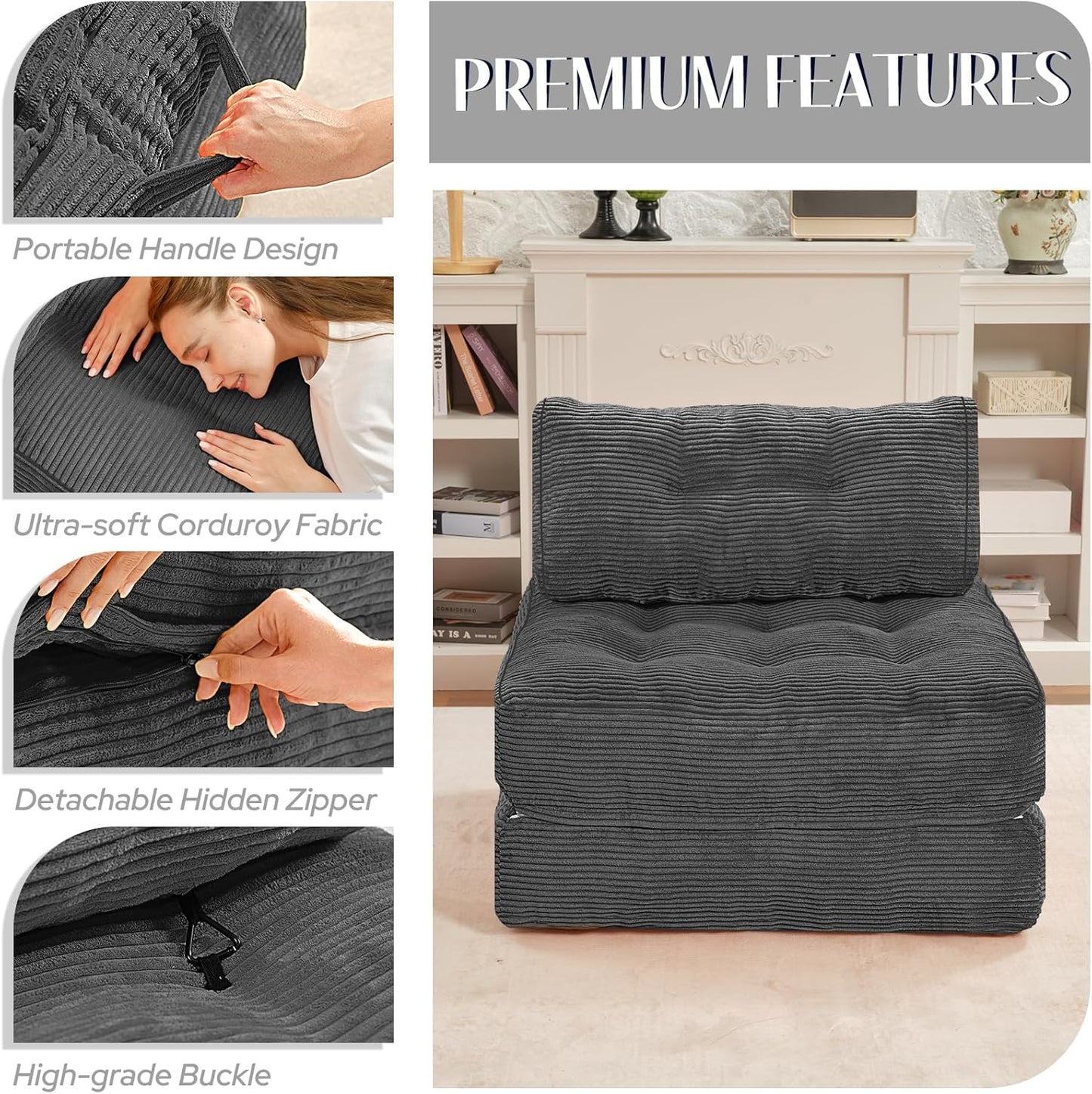 HABUTWAY Folding Sofa Bed, Convertible Sleeper Chair Bed w/Dual-Pillow & Handle, Foldable Floor Sofa Lounge w/Back Support for Living Room, Bedroom, Apartment, Office, Grey