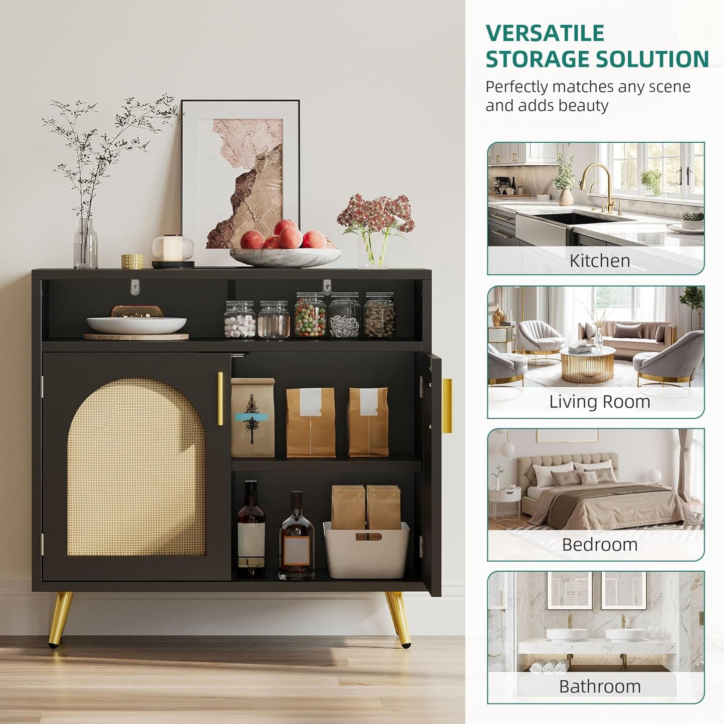 DWVO Buffet Cabinet with Storage, Black Sideboard Cabinet w/Rattan Decorated Doors, Modern Coffee Bar Cabinets w/Adjustable Shelves for Kitchen & Living Room, Set of 2