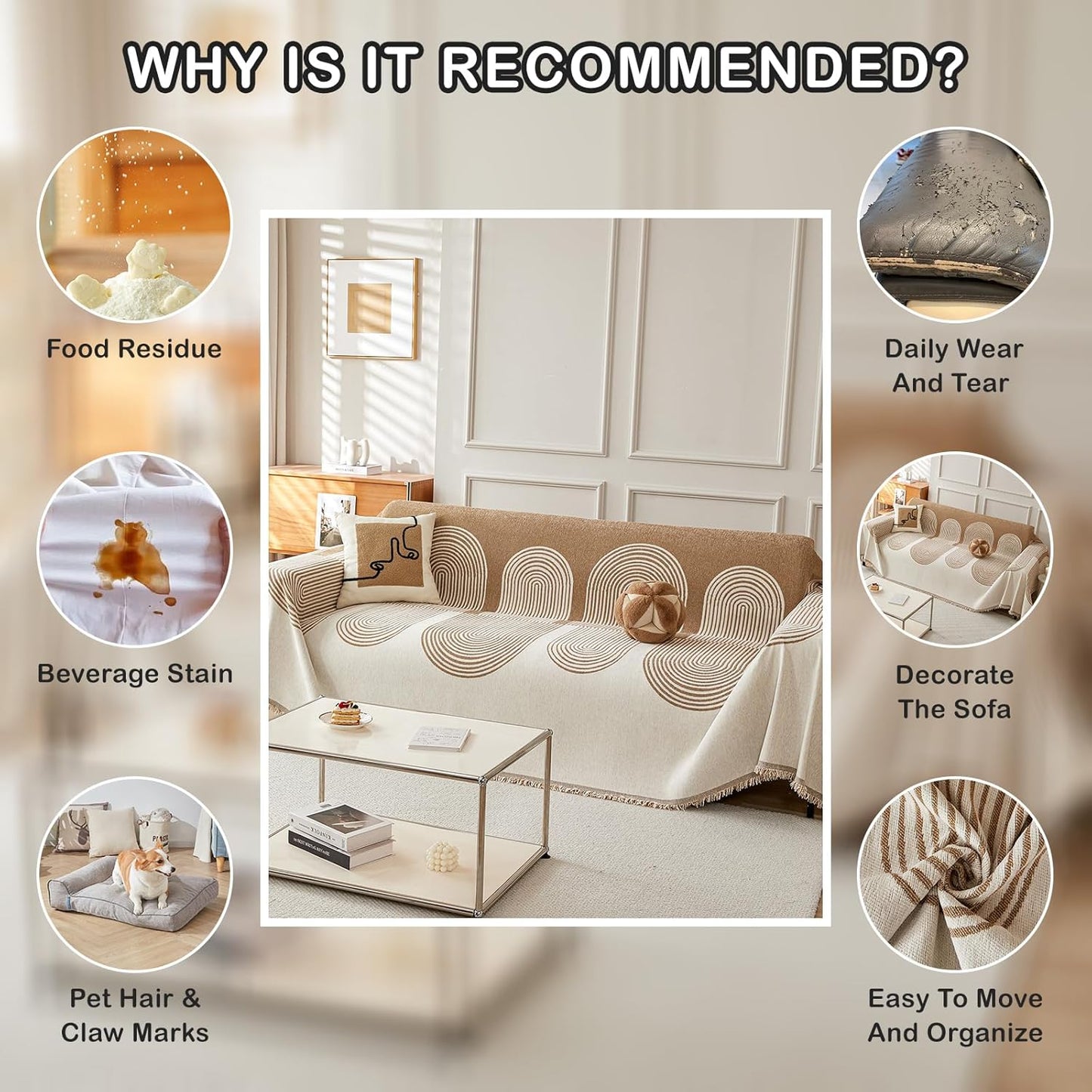 STACYPIK Modern Beige Geometric Couch Cover for Dog Boho Reversible Sofa Covers for 3 Cushion Couch Washable Furniture Protector Chenille Sofa Slipcover Loveseat Cover Multi-Use Throw Blanket-71X150IN