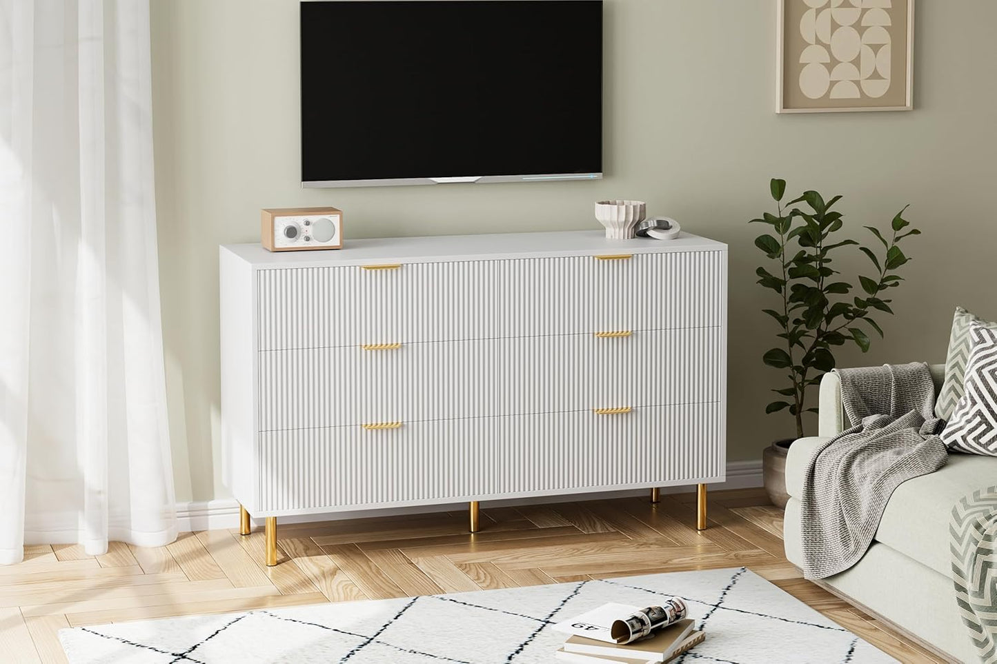 GarveeHome White Dresser, Modern 6 Drawer Dresser for Bedroom with Gold Handle and Large Drawer, Wood Double Chest of Drawers and Storage Organizer for Living Room, Hallway, Entryway
