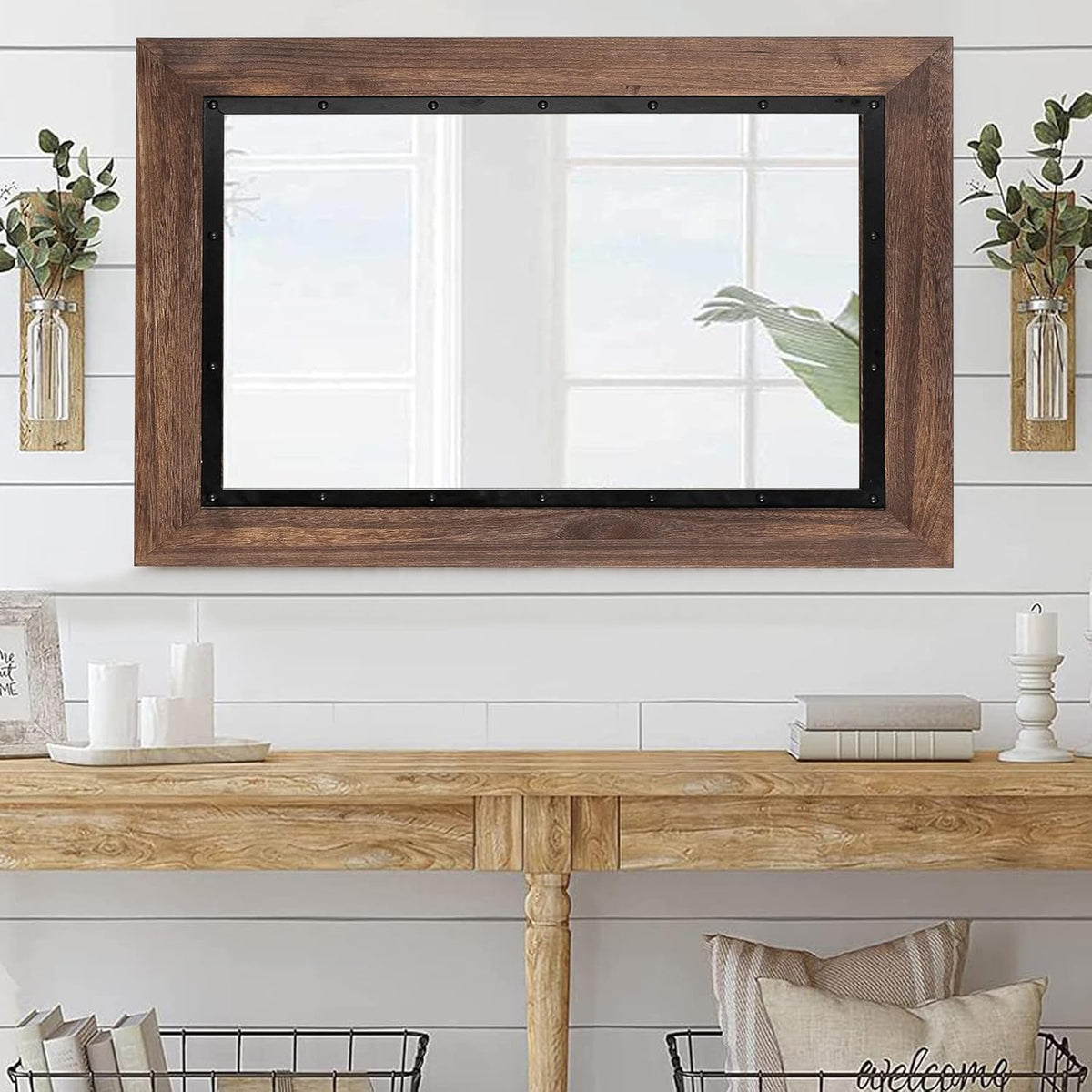 YOSHOOT Rustic Wooden Framed Wall Mirror, 40"x26", Natural Wood and Iron Bathroom Vanity Mirror for Farmhouse Decor, Vertical or Horizontal Hanging