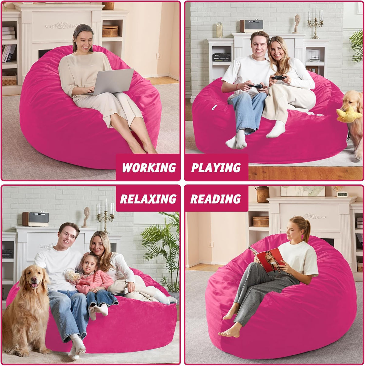 5FT Bean Bag Chair with Ultra Soft Velvet Cover Bean Bag Sofa with Memory Foam Bean Bag Chairs with Large Size Lazy Sofa for Dorm Office Living Room Bedroom Hot Pink 5'