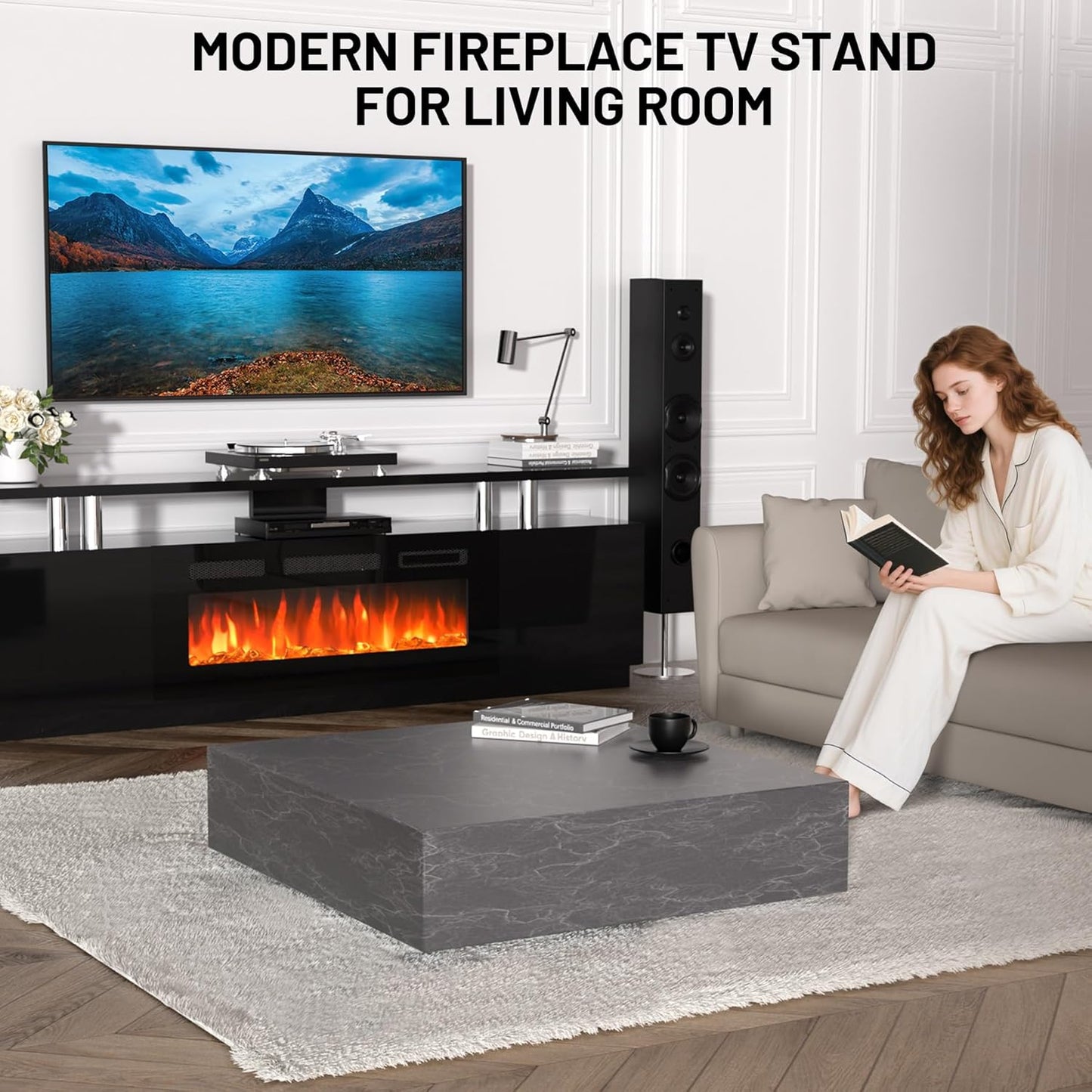 70'' Fireplace TV Stand with 36'' Firplace, Entertainment Center, 2 Tier TV Console Cabinet with Storage Cabinet, Electric Fireplace Heater with 12 Frame and LED Light Colors, Black