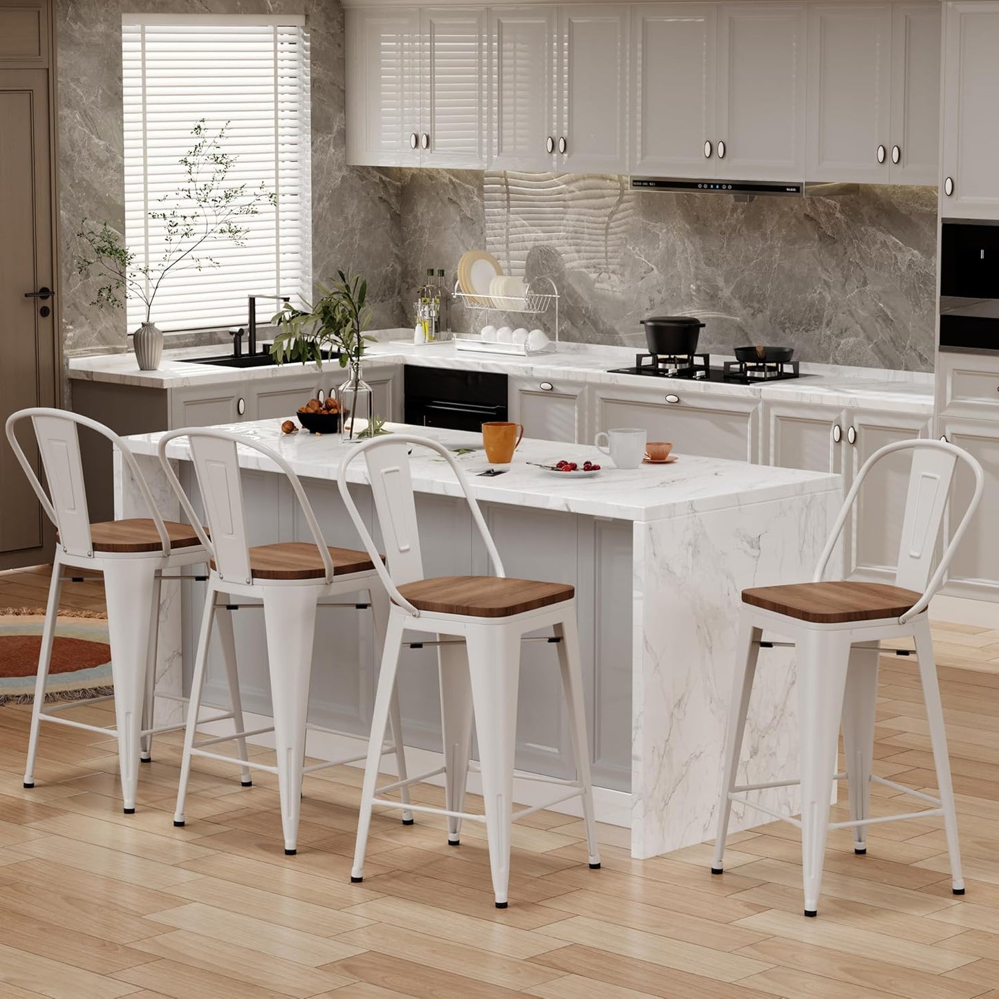 Changjie Furniture 26 Inches Bar Stools, Counter Height Bar Stools with Back Modern Barstools Bar Chairs Set of 4 for Kitchen (26 Inch, White)