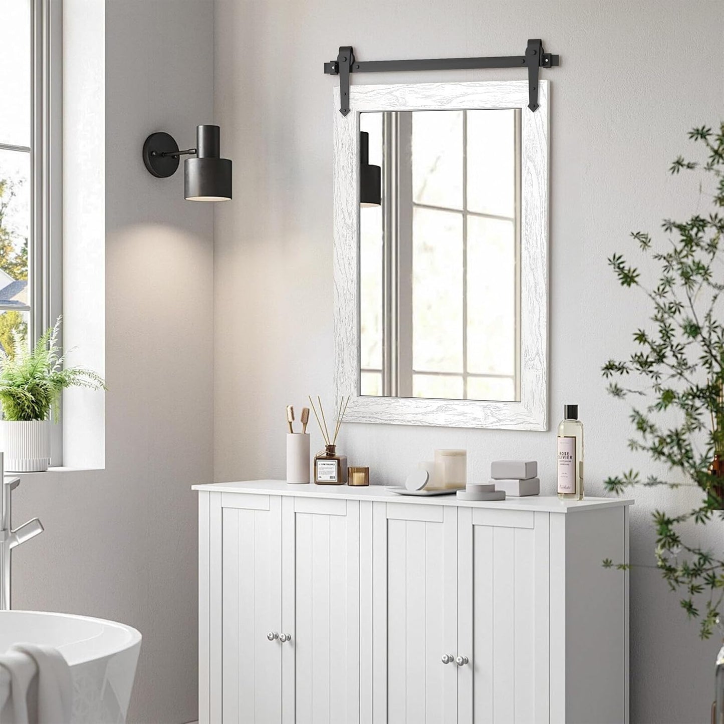 Farmhouse Bathroom Mirror for Over Sink 22”*32”, Barn Door Mirror, Rustic Wall Mirror for Bathroom White, Living Room, Entryway