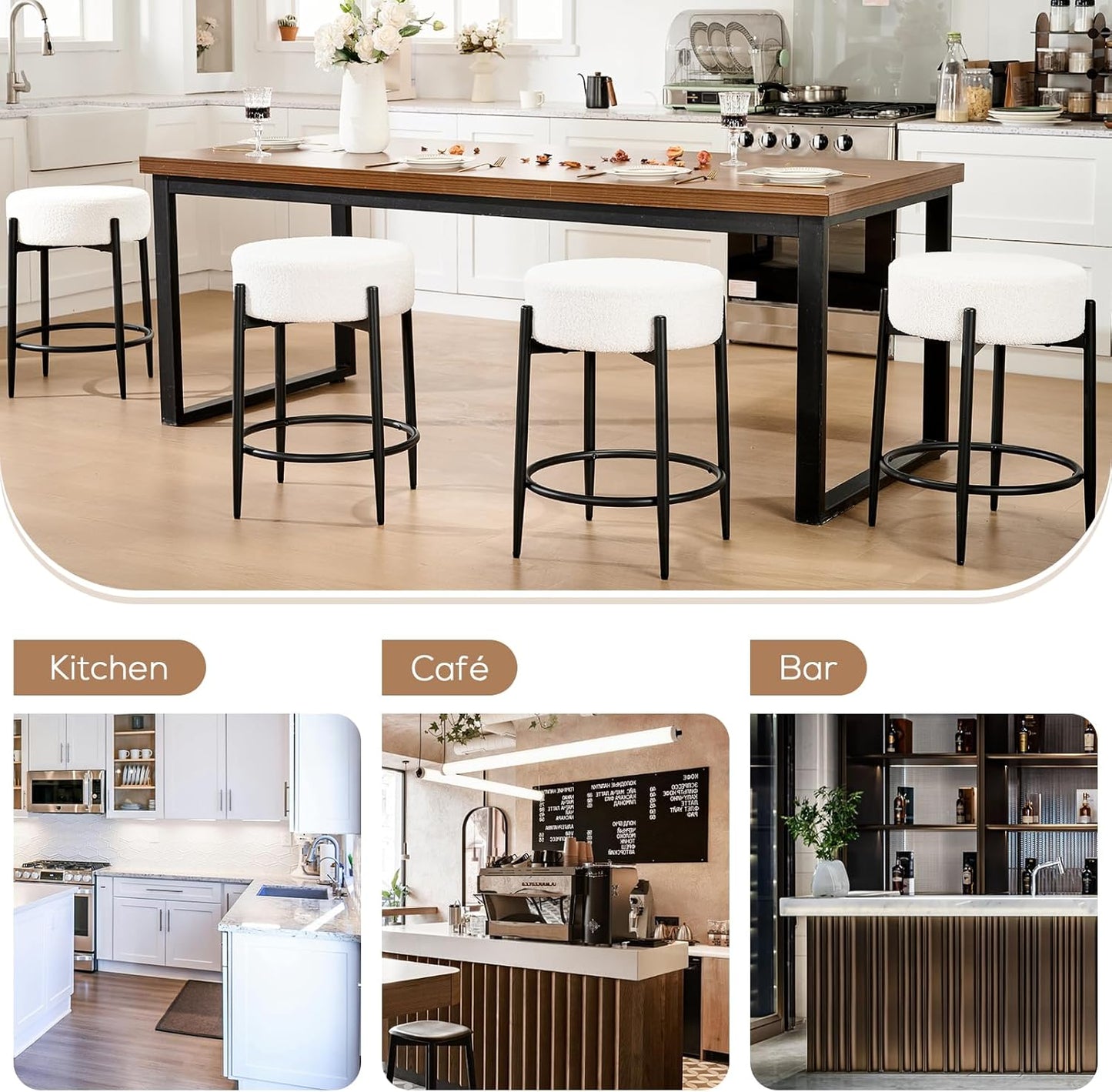 Dining Room Chairs Set of 8, 23.6" Sherpa Backless White Boucle Dining Chair, Mid Century Modern Living Room Round Upholstered Chairs with Black Metal Legs