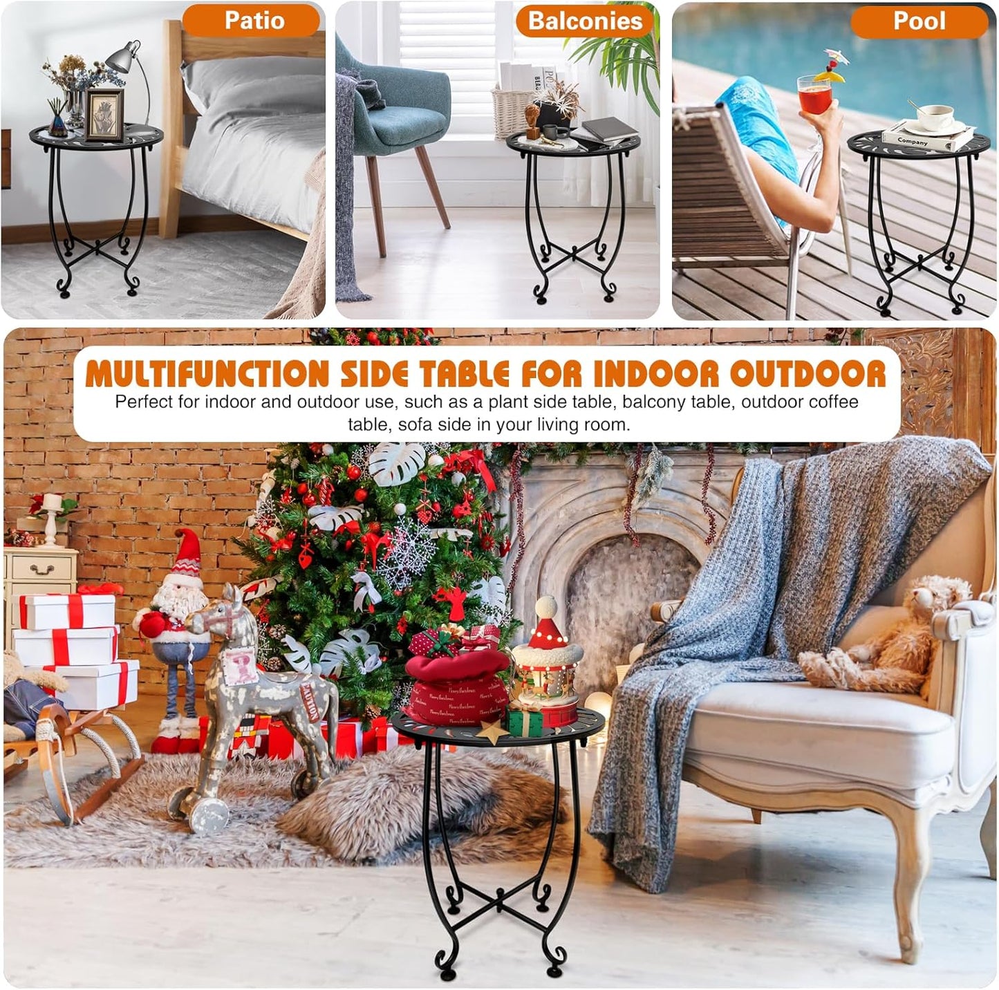Outdoor Side Table for Small Spaces, 2 Pack 14 Inch Round Metal End Table for Patio Balcony Yard Porch, Anti-Rust Waterproof Accent Table for Indoor Outdoor Use, Easy Assembly