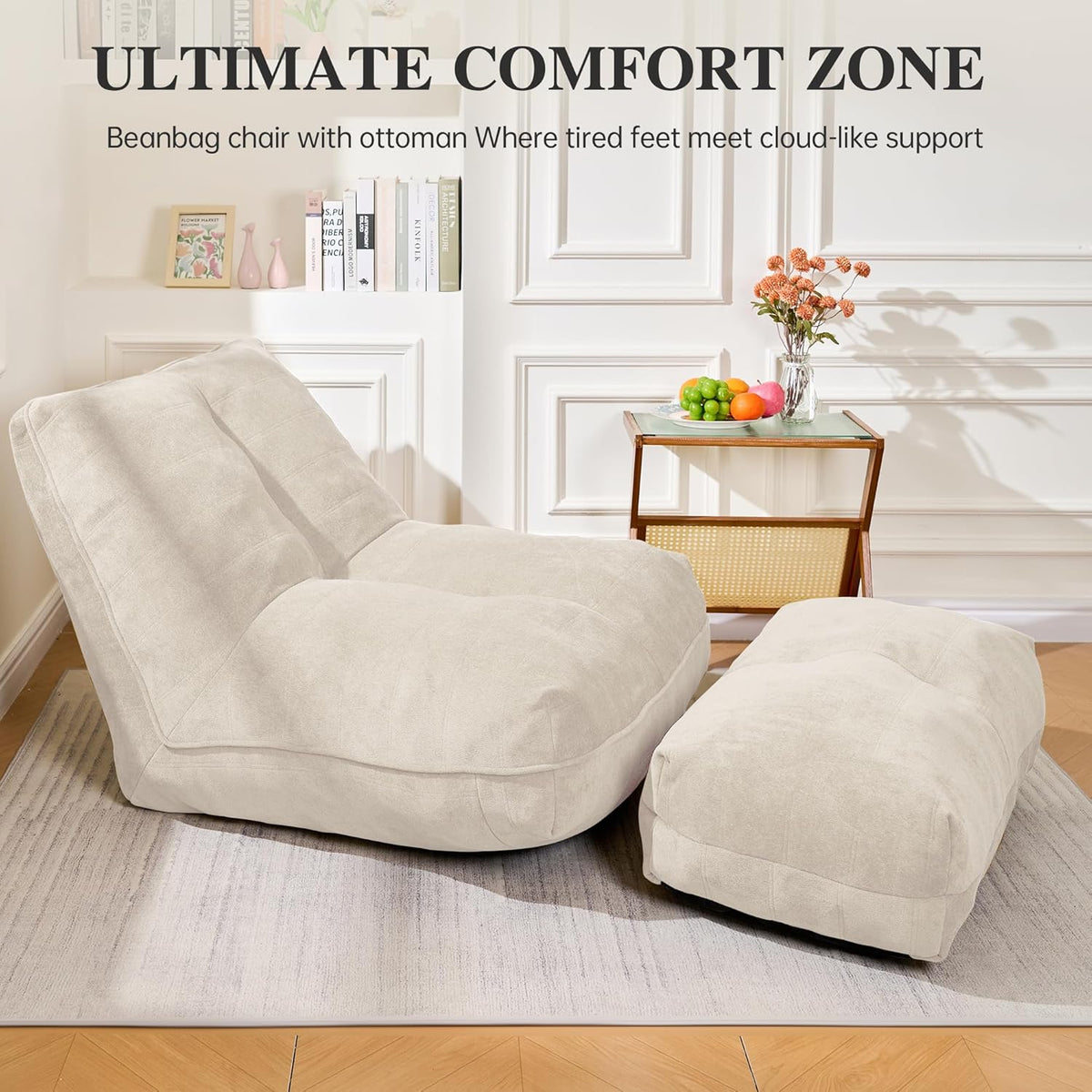 Bean Bag Chair with Ottoman, Comfy Bean Bag Sofa with Memory Foam, Lazy BeanBag Sofa with Footstool, Fireside Bean Bag Couch for Living Room, Bedroom, Apartment (Off White)