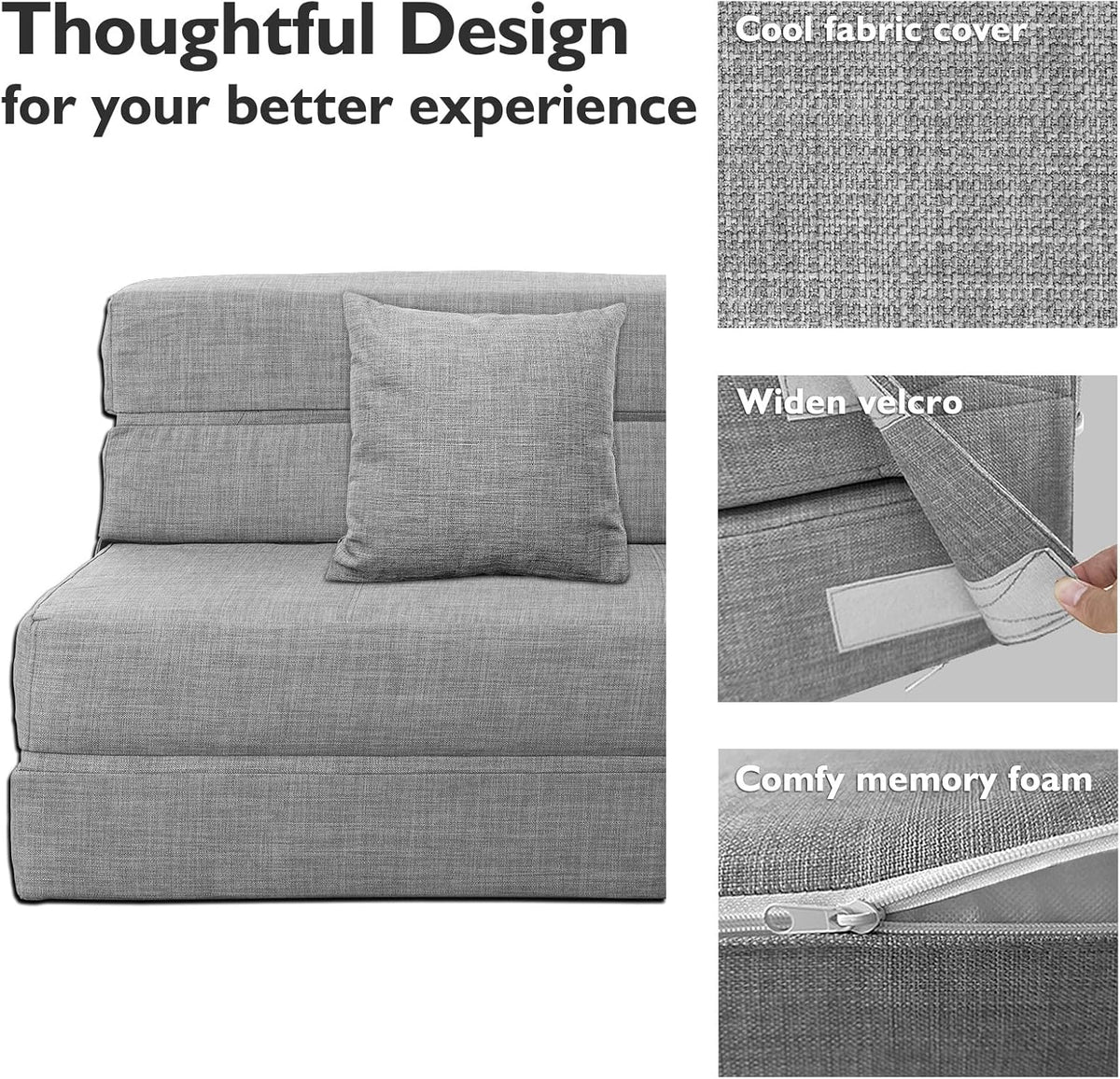 ANONER 60" Folding Sleeper Chair Sofa Bed Lazy Couch with 2 Pillows, Queen Size Memory Foam Washable Cover, Light Gray