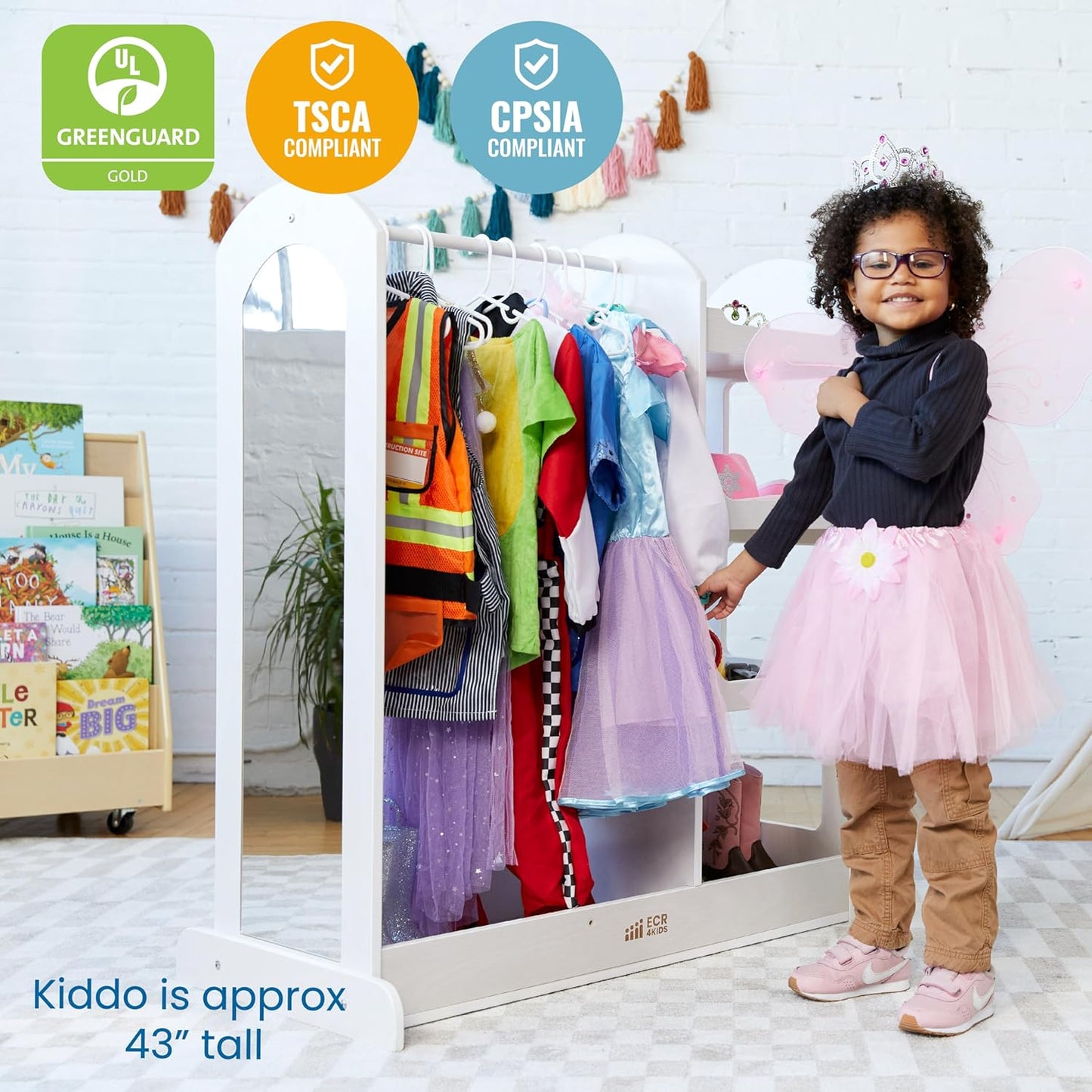 ECR4Kids Dress Up Center with Mirror, Costume Organizer, White Wash
