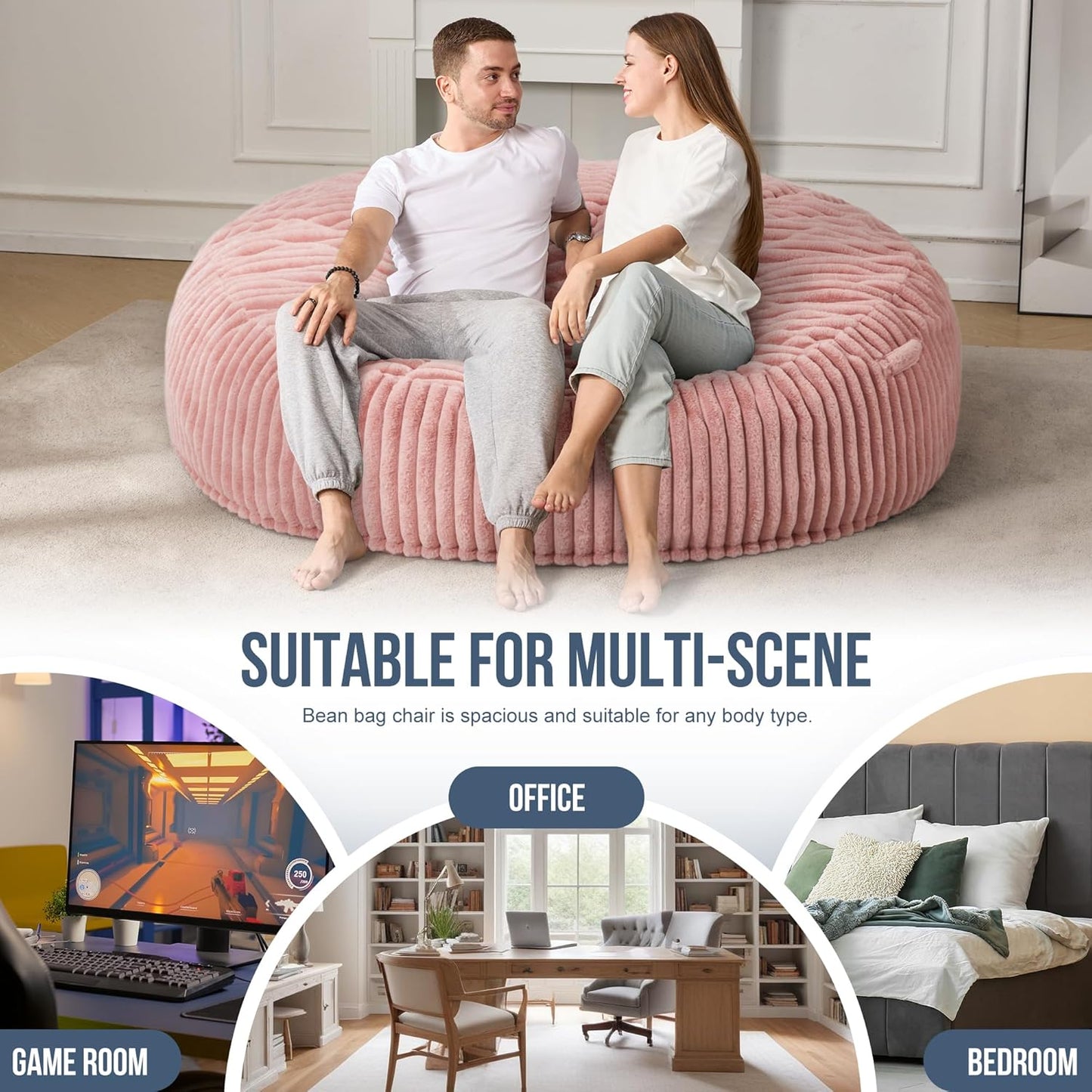 Hobestluk 6ft Bean Bag Chairs for Adults Large Beanbag Chair with Stripe Plush Cover Big Bean Bag Chair for Living Room Bedroom Dorm Office - Pink (70" x 70" x 15")