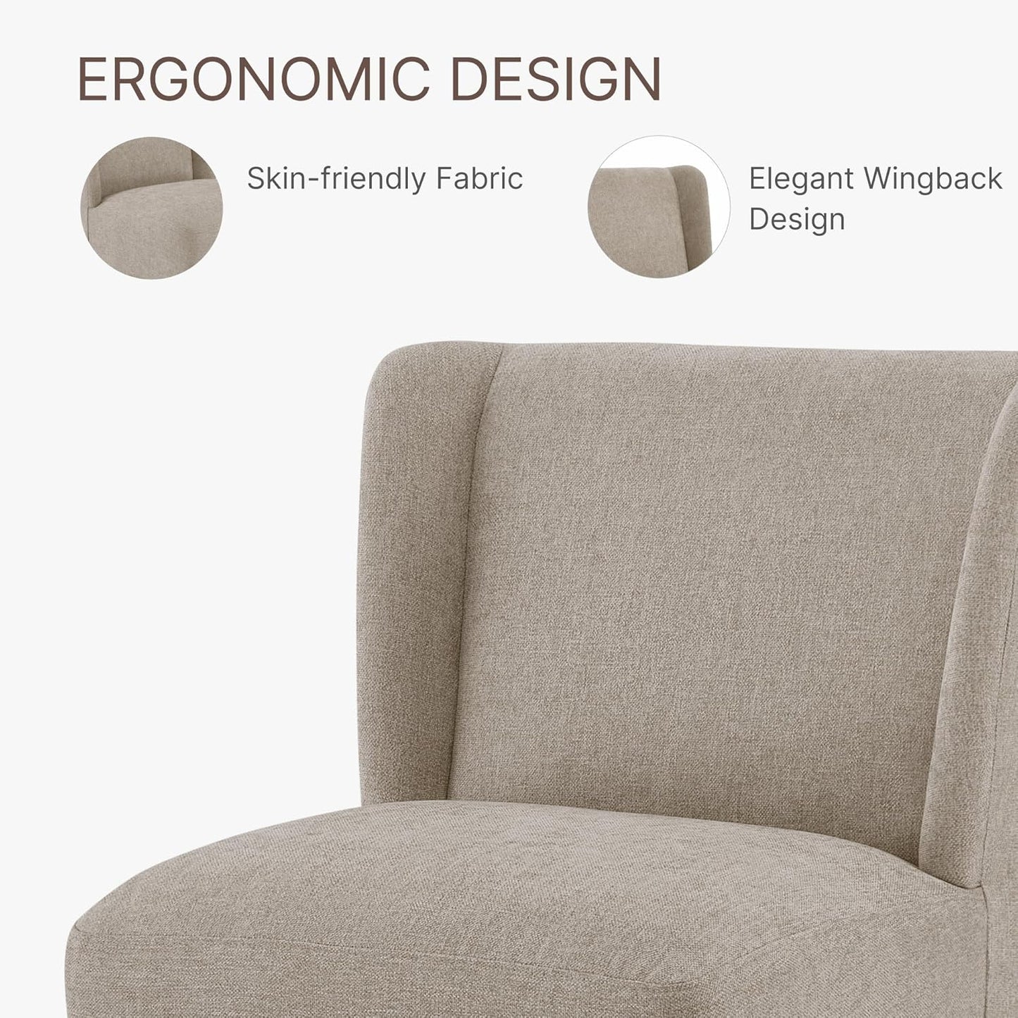 Upholstered Dining Chair with Casters Wingback Modern Side Armless Deskchair with Rollers for Diningroom Bedroom Livingroom Reading Room,Khaki,2 Box