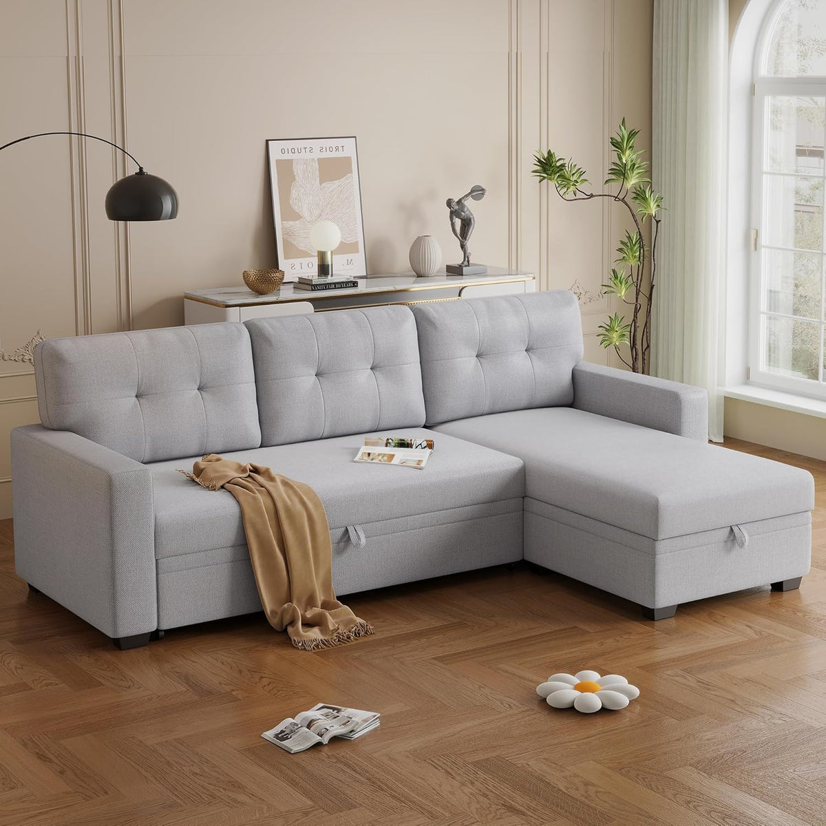 Ball & Cast L-Shape Convertible Sectional Sleeper Sofa Bed 4 in 1 Pull Out Couch with Reversible Storage Chaise & Removable Back Cushions,Sleeper Corner Couch Pull Out Sofa Bed for Living Room,Office