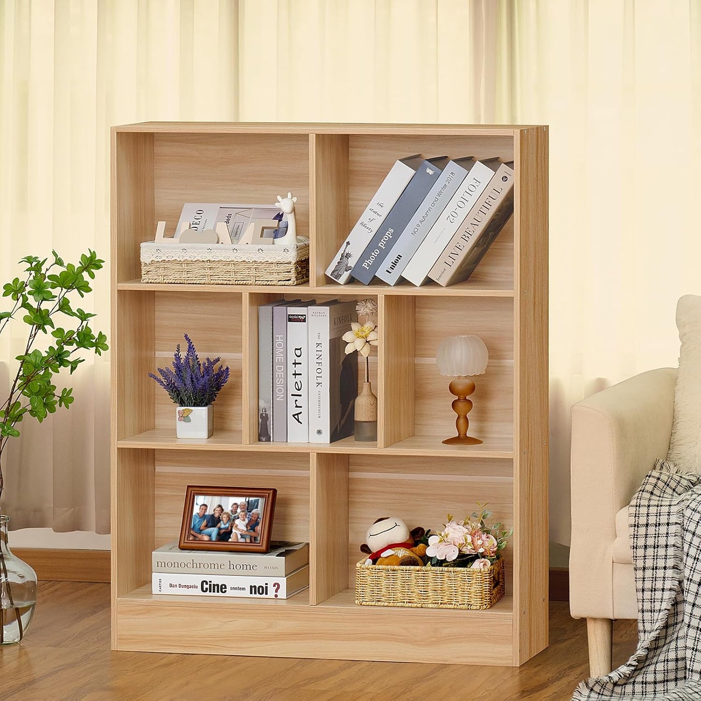 LEYAOYAO 7 Cube Bookshelf with Base,3 Tier Mid-Century Modern Natural Bookcase,Standing Wide Bookshelves Storage Organizer Shelf,Rustic Wood Display Cabinet Book Shelves for Bedroom,Living Room,Office
