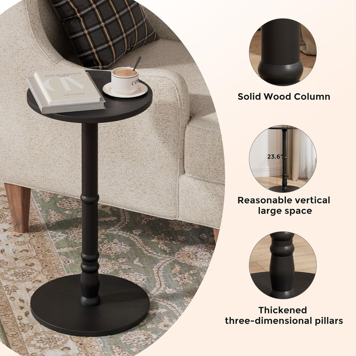 Round Side Table, Solid Wood Pillar with Wood Top & Base, Small Drink Accent Table for Living Room, Bedroom, Sofa & Office, Easy Assembly, Black