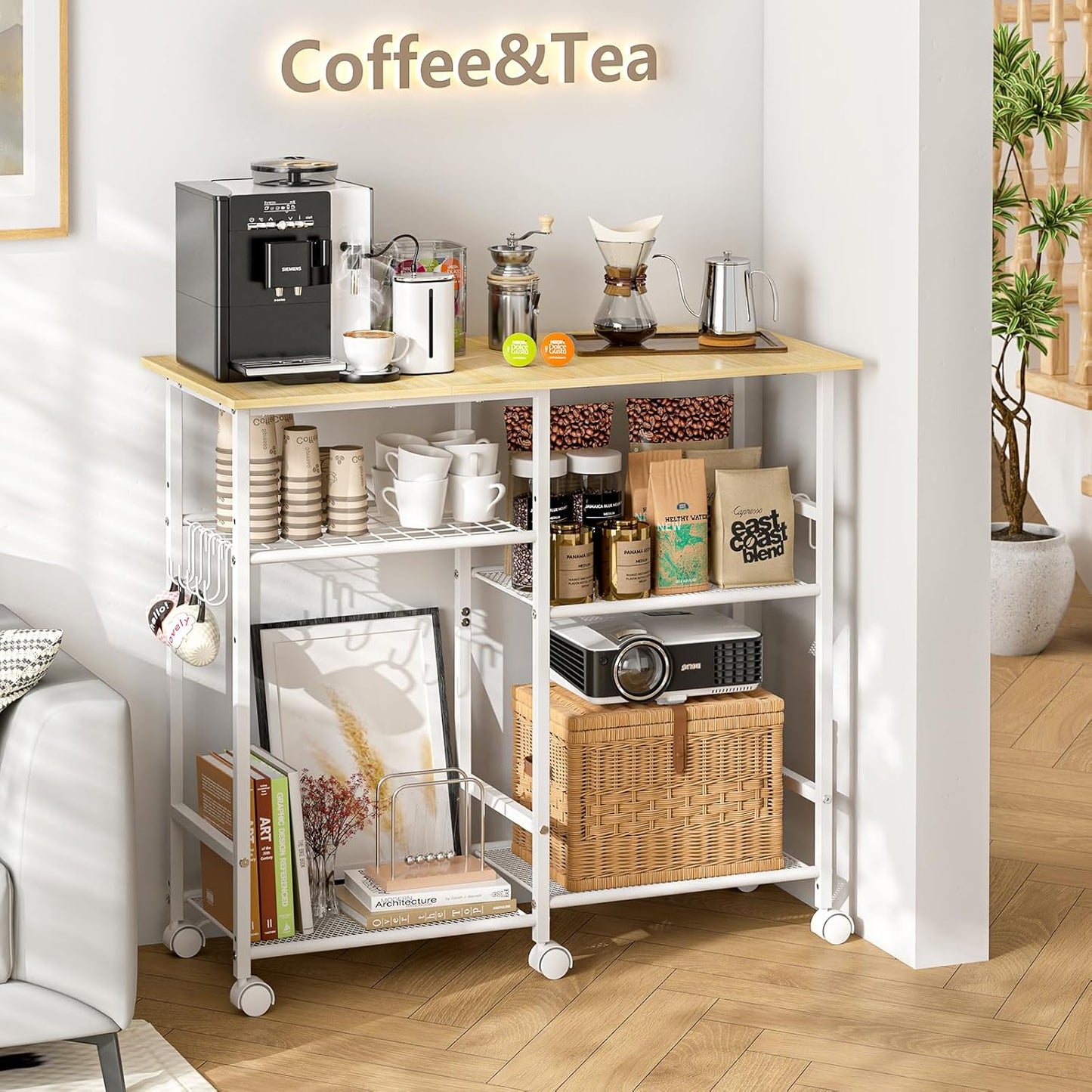 Kitchen Microwave Cart, Microwave Stand with Adjustable Shelf, Coffee Bar Stand Kitchen Baker's Rack with Wheels Rolling Storage Cart Organizer Shelf for Living Room, Office, Balcony