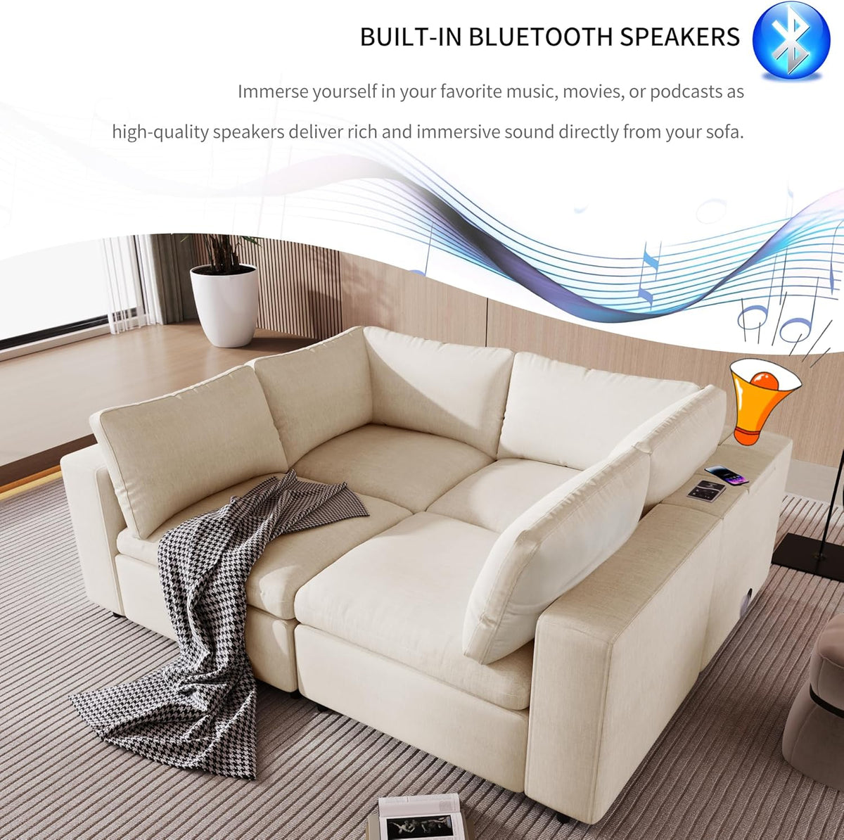 133.9 Inch Modular Convertible Sectional Sofa with Storage, USB Ports, Wireless Charging & Built-in Speaker in Arm, L-Shaped Upholstered Sleeper Couch for Living Room Office, Beige