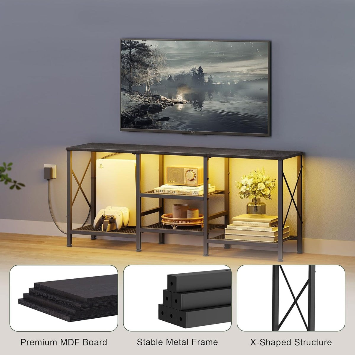 TV Stand with LED Lights for 55 Inch TV, Entertainment Center with 3-Tier Open Shelves, TV Console Table for Living Room, Bedroom, Black