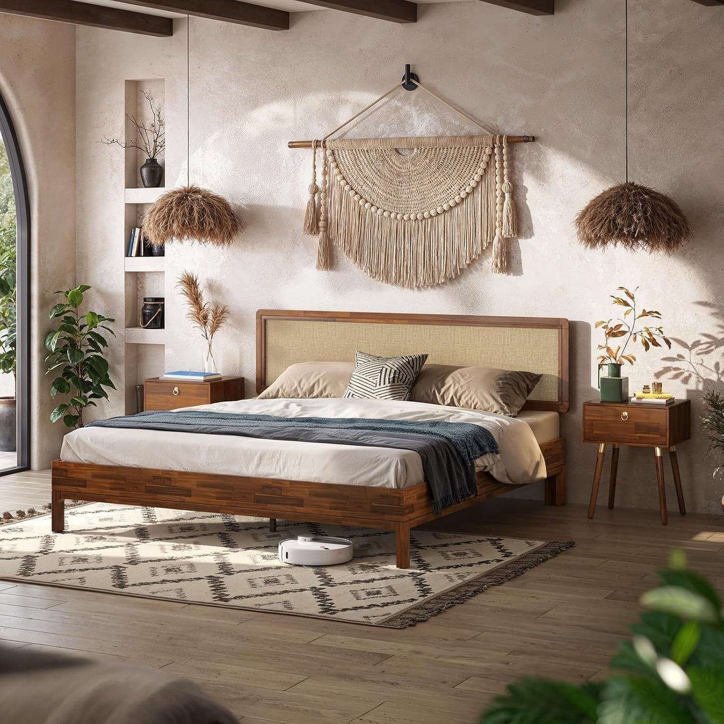 Nipe Platform Bed Frame with Headboard Size King - Dark Chocolate - Solid Acacia