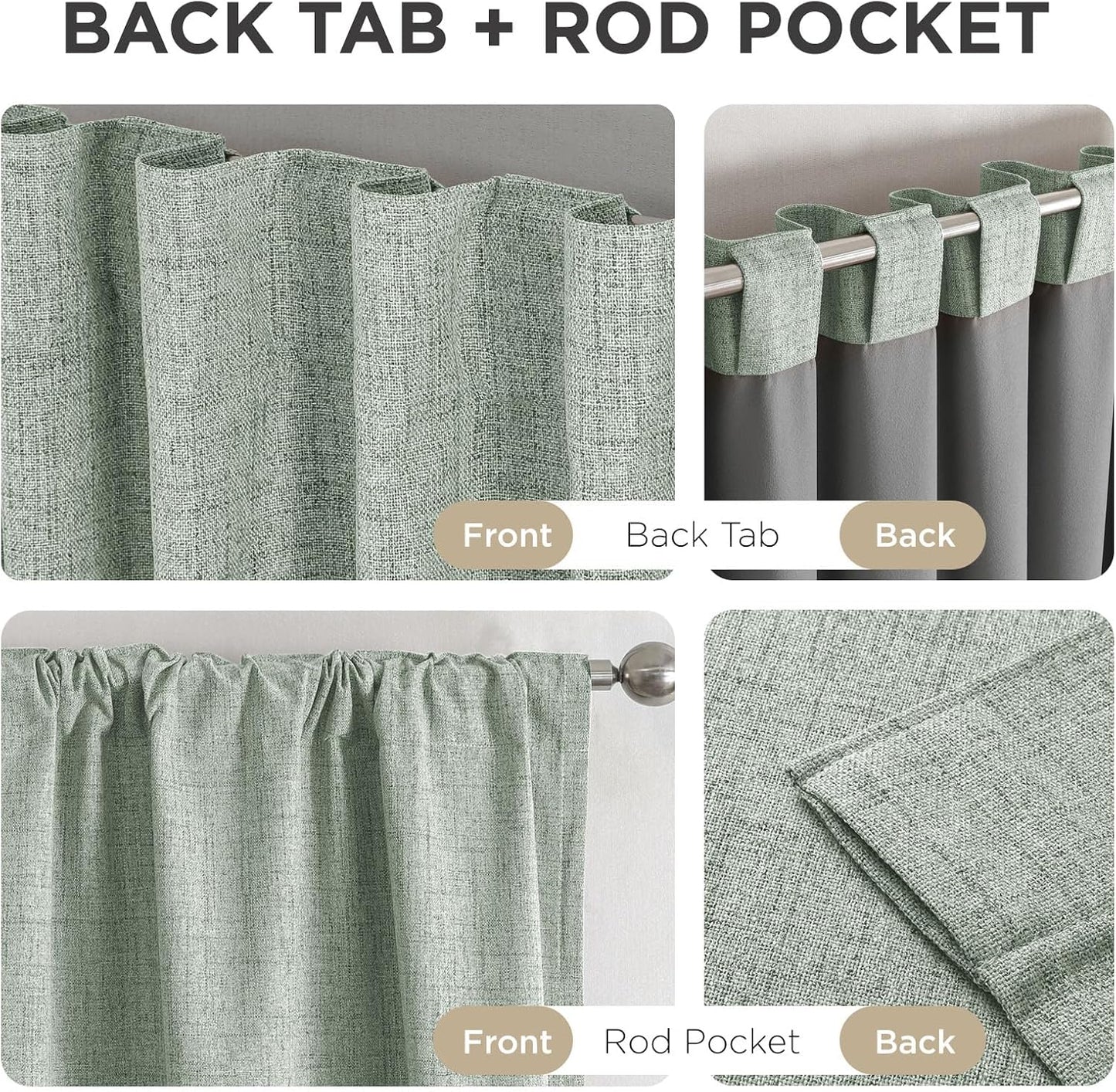 Joydeco 100% Blackout Curtains for Bedroom - Natural Linen Curtains 100" W x 96" L Long, Thermal Insulated 1 Panels Sage Green Light Blocking Drapes, Rod Pocket & Back Tabs for Living Room