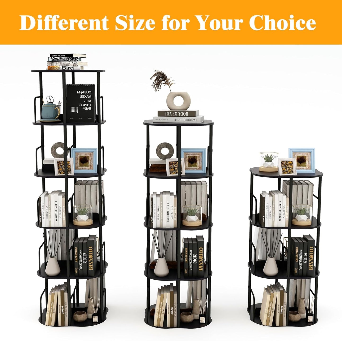 5-Tier Rotating Bookshelf, 360 ° Display Stackable Spinning Bookshelf Tower, Narrow Space Saving Tall Floor Standing Swivel Bookcase Corner Organizer for Bedroom, Living Room, Black