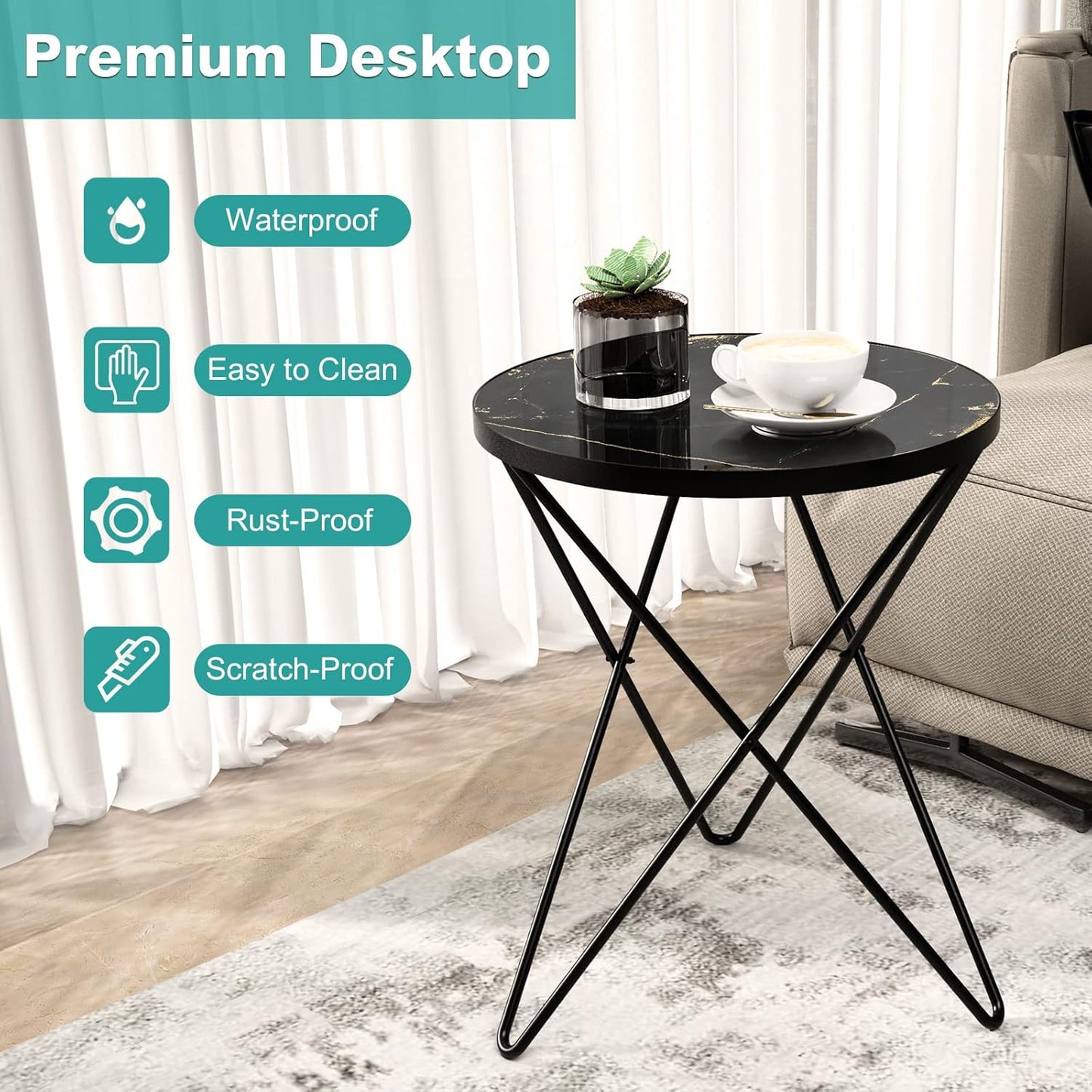 HLR Modern Round Side Table, End Table with Marble Effect Top and Gold Metal Frame, Small Side Table for Living Room, Bedroom, Sofa and Couch, Black Legs, Black Marble top