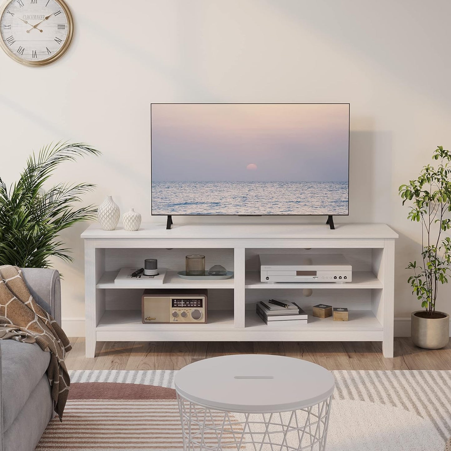 Modern TV Stand for 65 inch TV, White Wood TV Cabinet with 4 Open Storage Shelves, Fits 50-65 Inch TVs, 55 Inches W x 15 Inches D x 22.8 Inches H