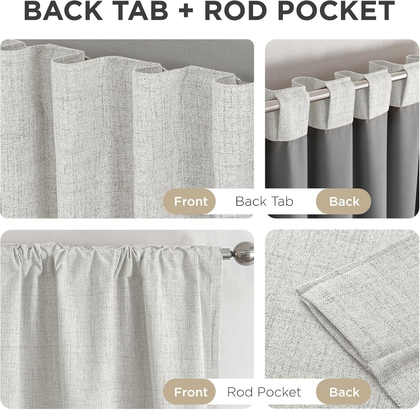 Joydeco 100% Blackout Curtains for Bedroom - Natural Linen Curtains 52" W x 63" L, Thermal Insulated 2 Panels White Light Blocking Drapes, Rod Pocket & Back Tabs, Darkening Privacy for Living Room