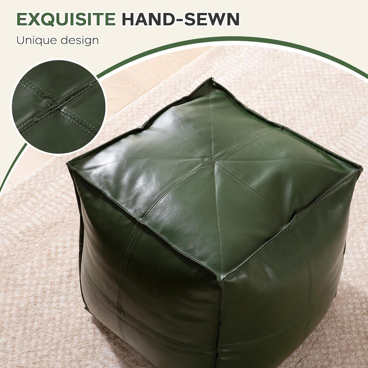 Unstuffed Pouf Cover (Only Cover, No Filler), 17.7" Faux Leather Poofy Ottoman Cover, Square Footstool For Storage Living Room Decoration Foot Rest, Footrest for Bedroom Balcony Office Chair, Green